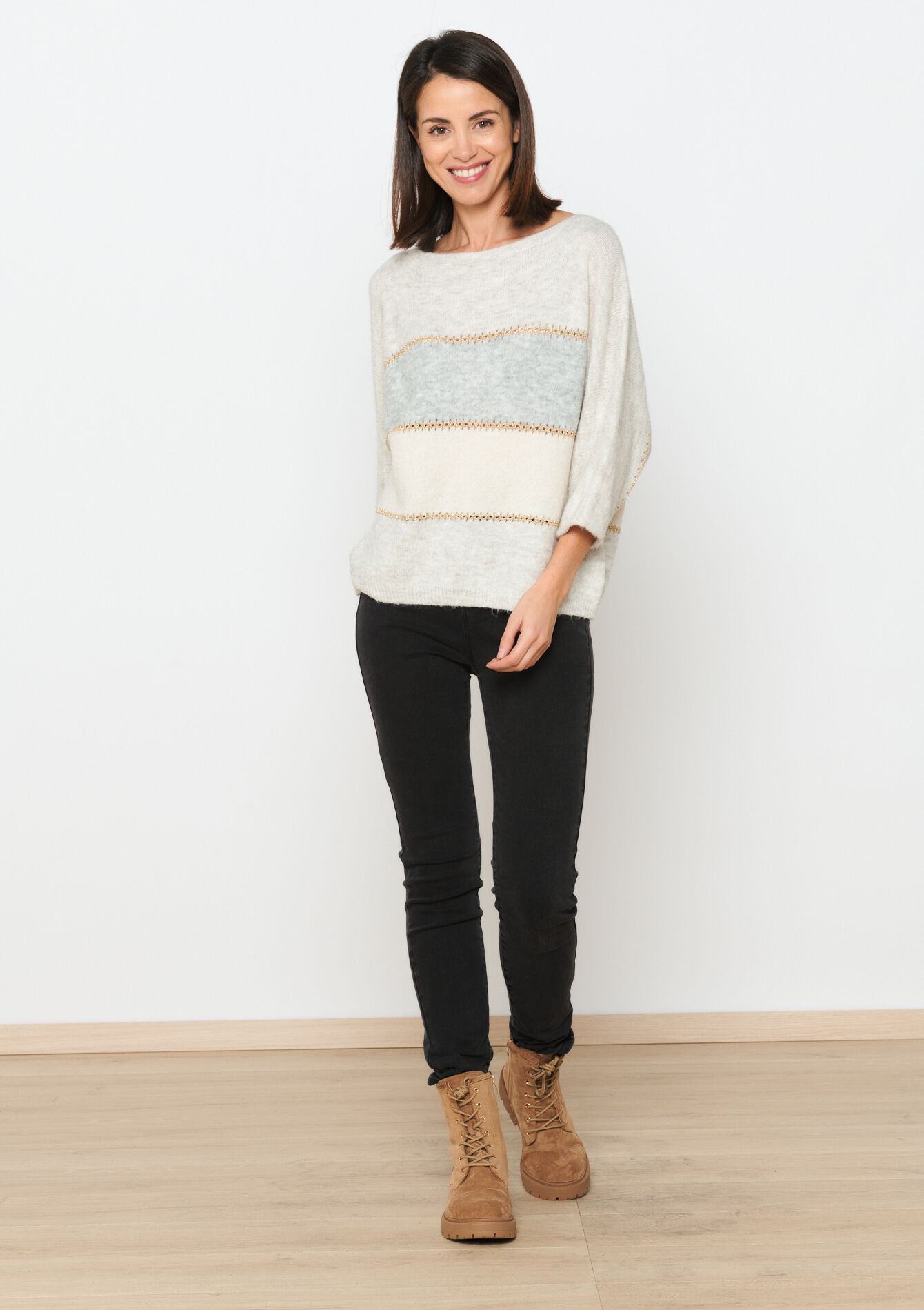 Pullover à blocs de couleur avec lurex - LT GREY MEL - 04006361_1081