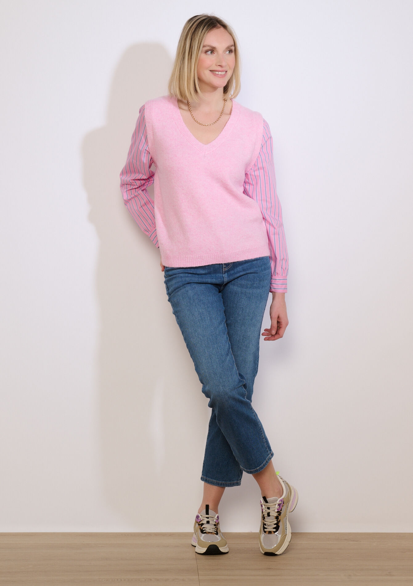 Trui met poplin laagjeslook - PINK BUBBLEGUM - 04007167