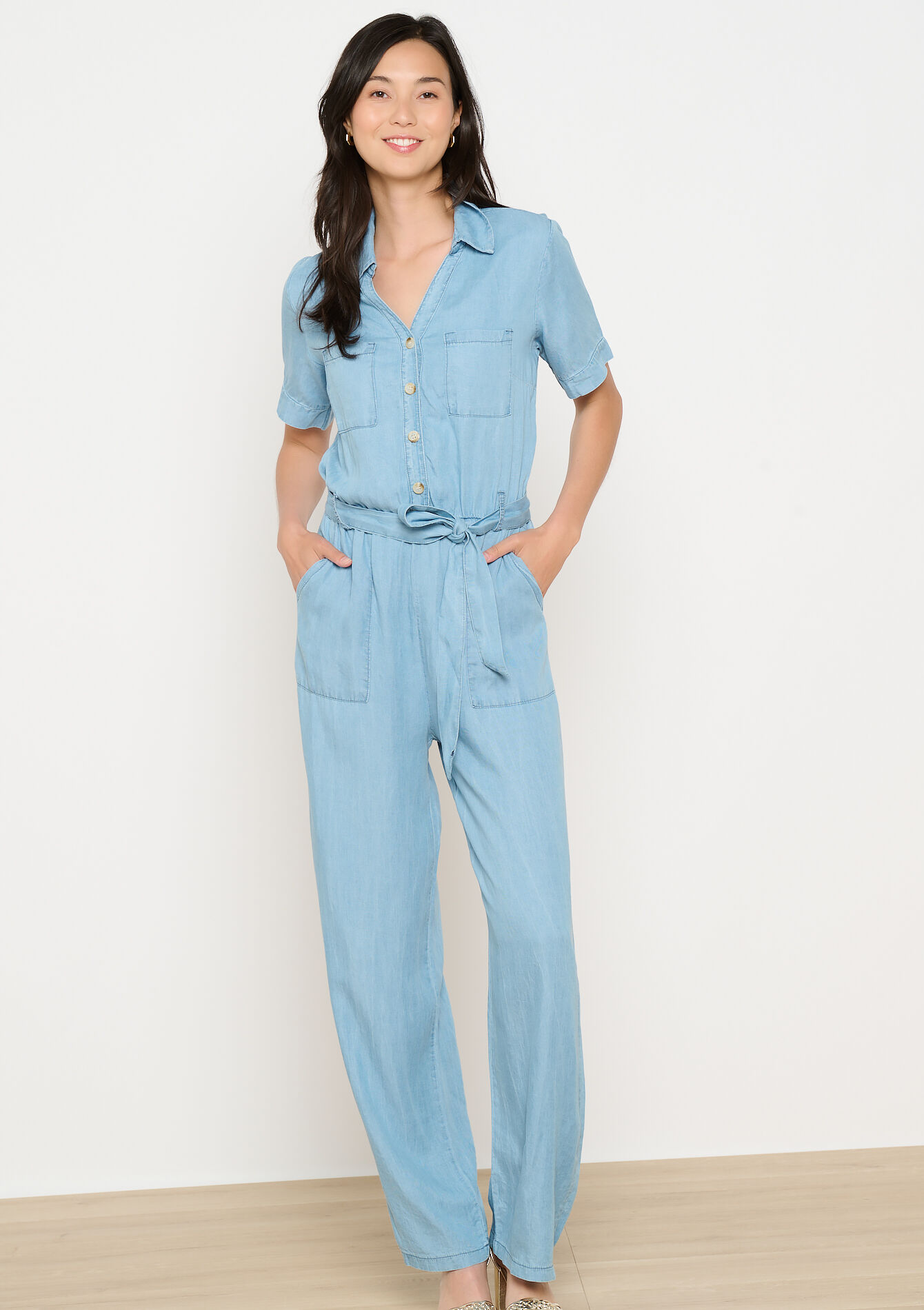 Soepele jumpsuit met ceintuur, Soepele jumpsuit met ceintuur - BLUE BLEACHED - 06004624_0502