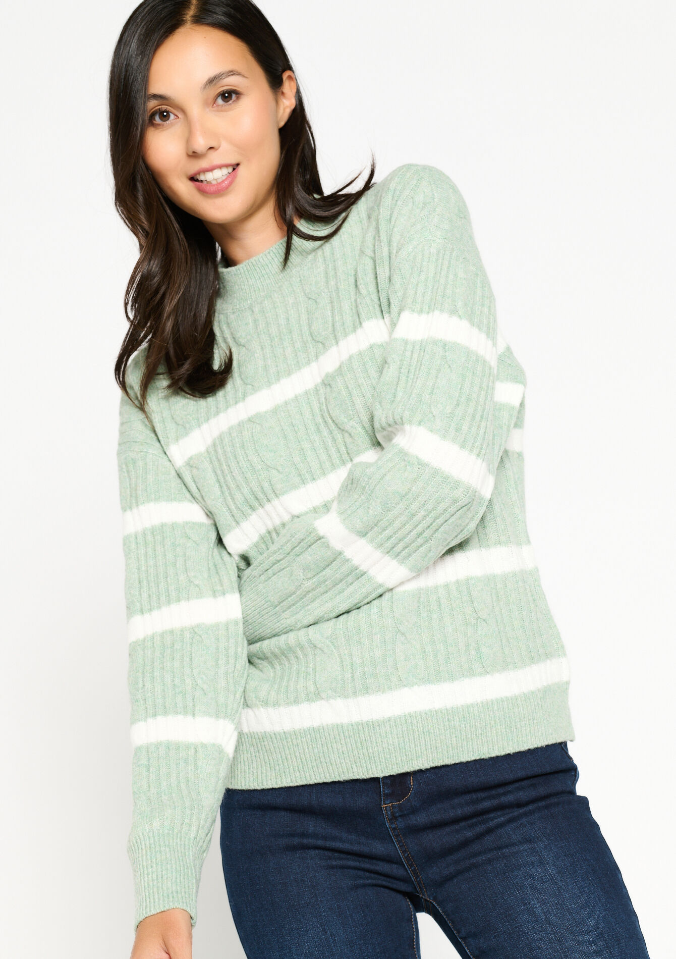 Pullover en maille torsadée à rayures, Pullover en maille torsadée à rayures - MINT GREEN - 04006160_1723