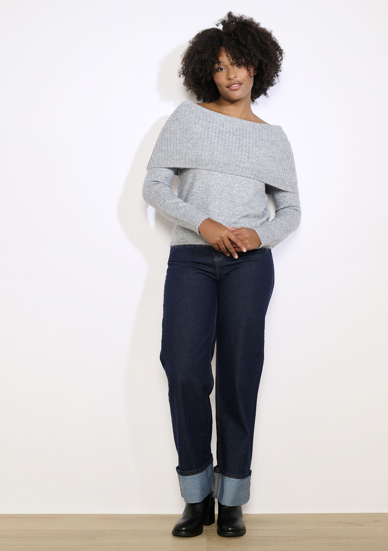 Off-shoulder sequin sweater - GREY MED MEL - 04006933