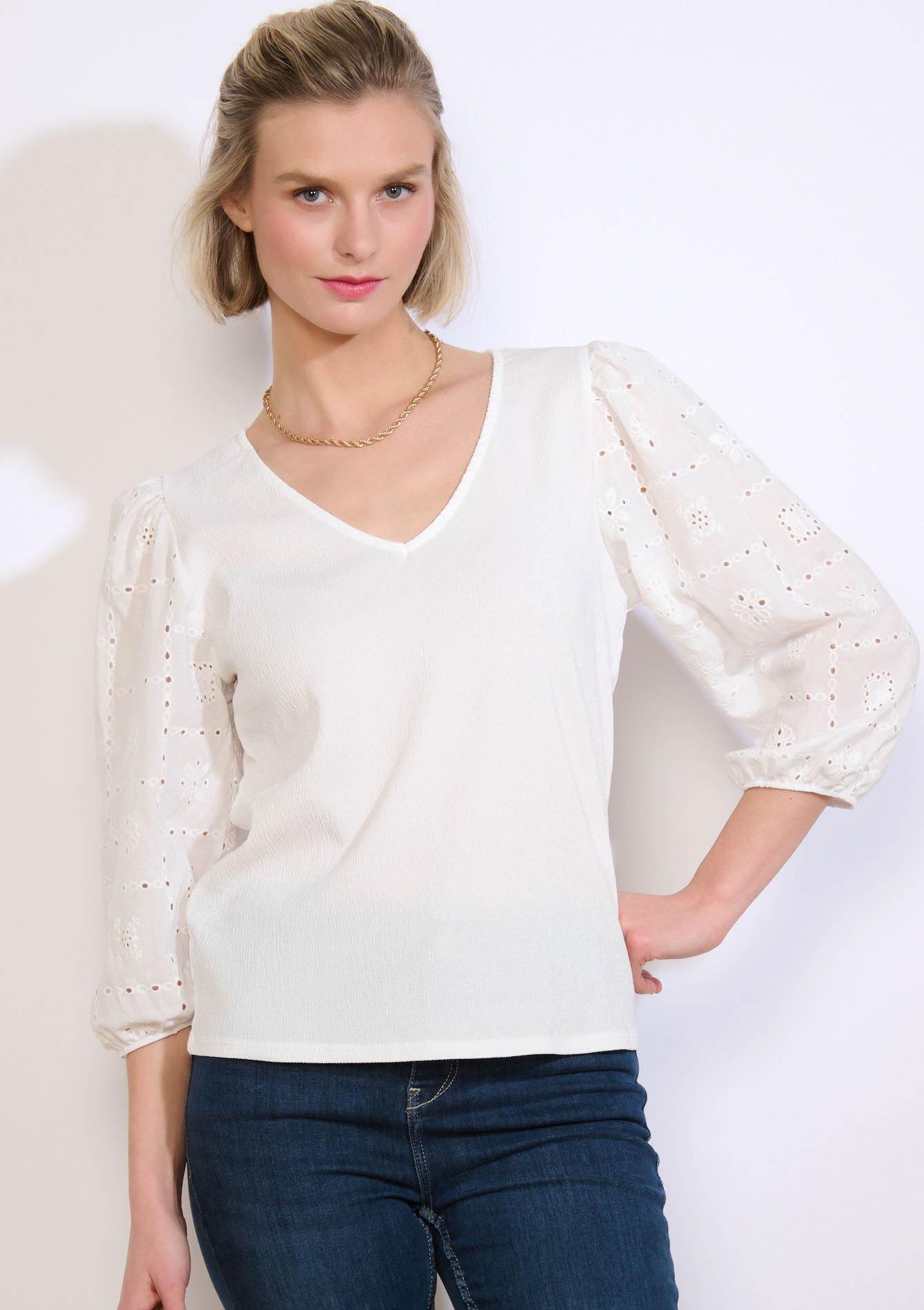 Blouse with lace sleeves - OFFWHITE - 02301998