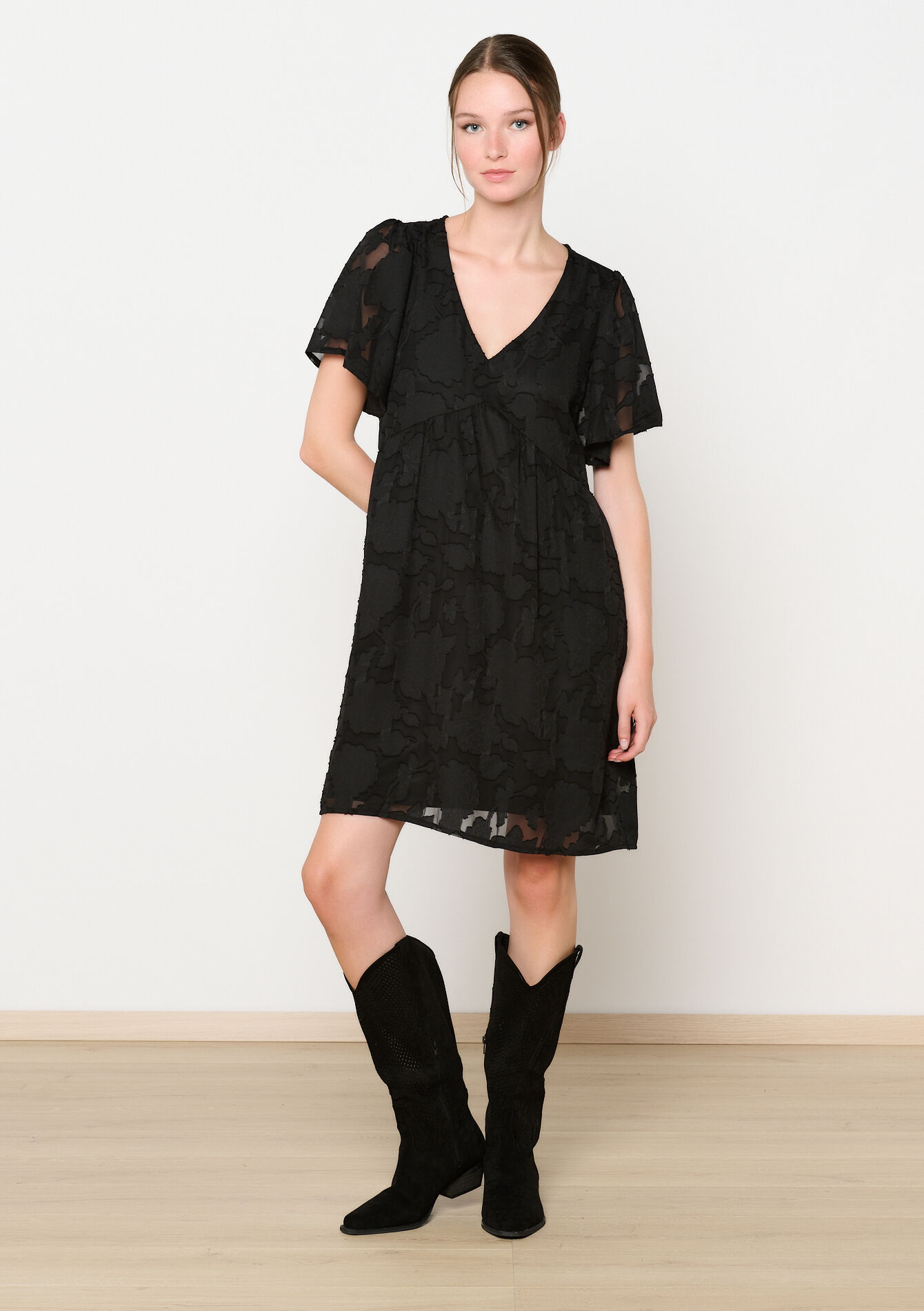 Babydoll-jurk met V-hals, Babydoll-jurk met V-hals - BLACK - 08103821_1119