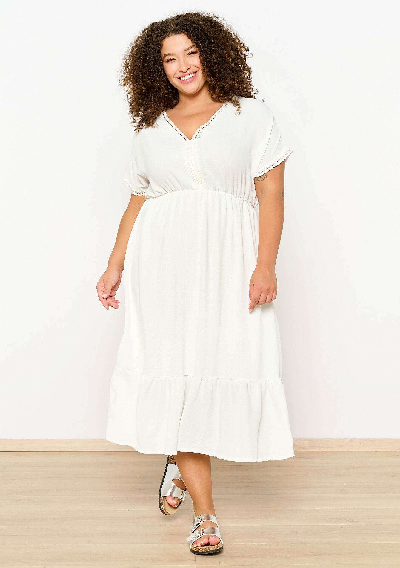 Midi-jurk met crochet detail - OPTICAL WHITE - 08103741_1019