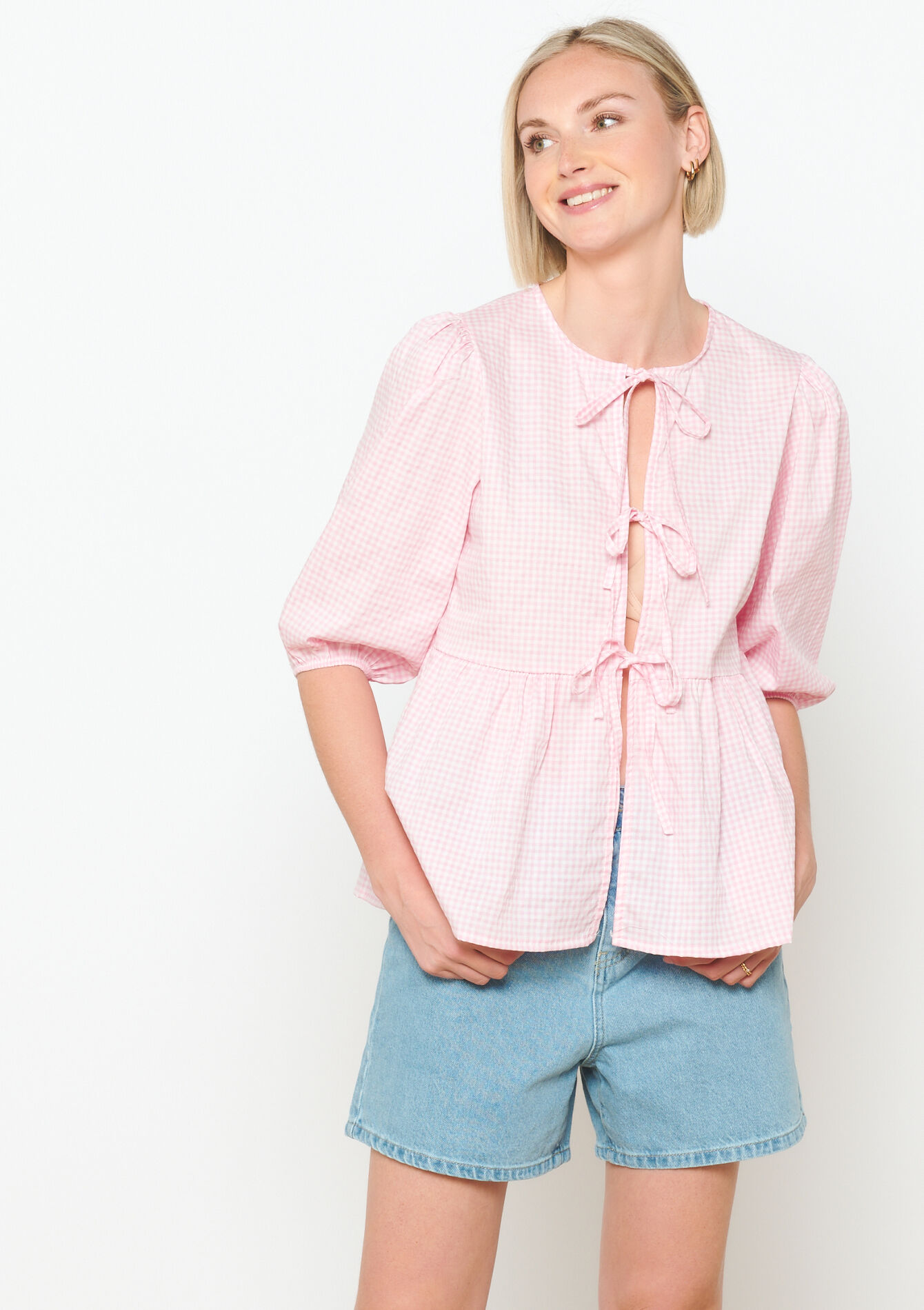 Vichy blouse met strikjes, Vichy blouse met strikjes - LIGHT PINK - 05702520_1303