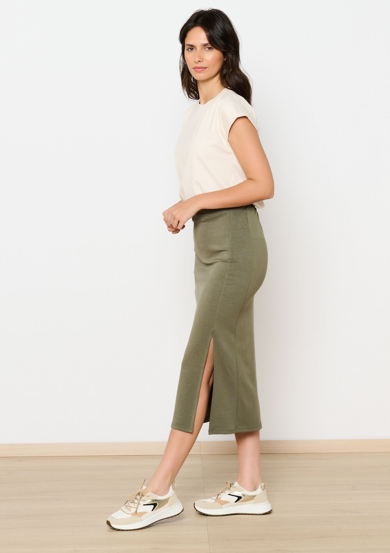 Jupe mi-longue en tissu sweat - KHAKI FADED - 15000522_4326