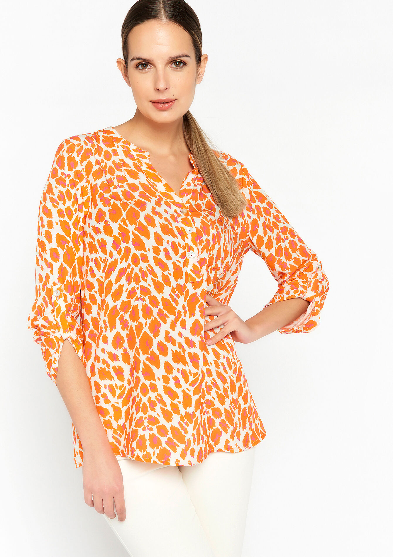 Blouse with leopard print, Blouse with leopard print - ORANGE BRIGHT - 05702145_1255
