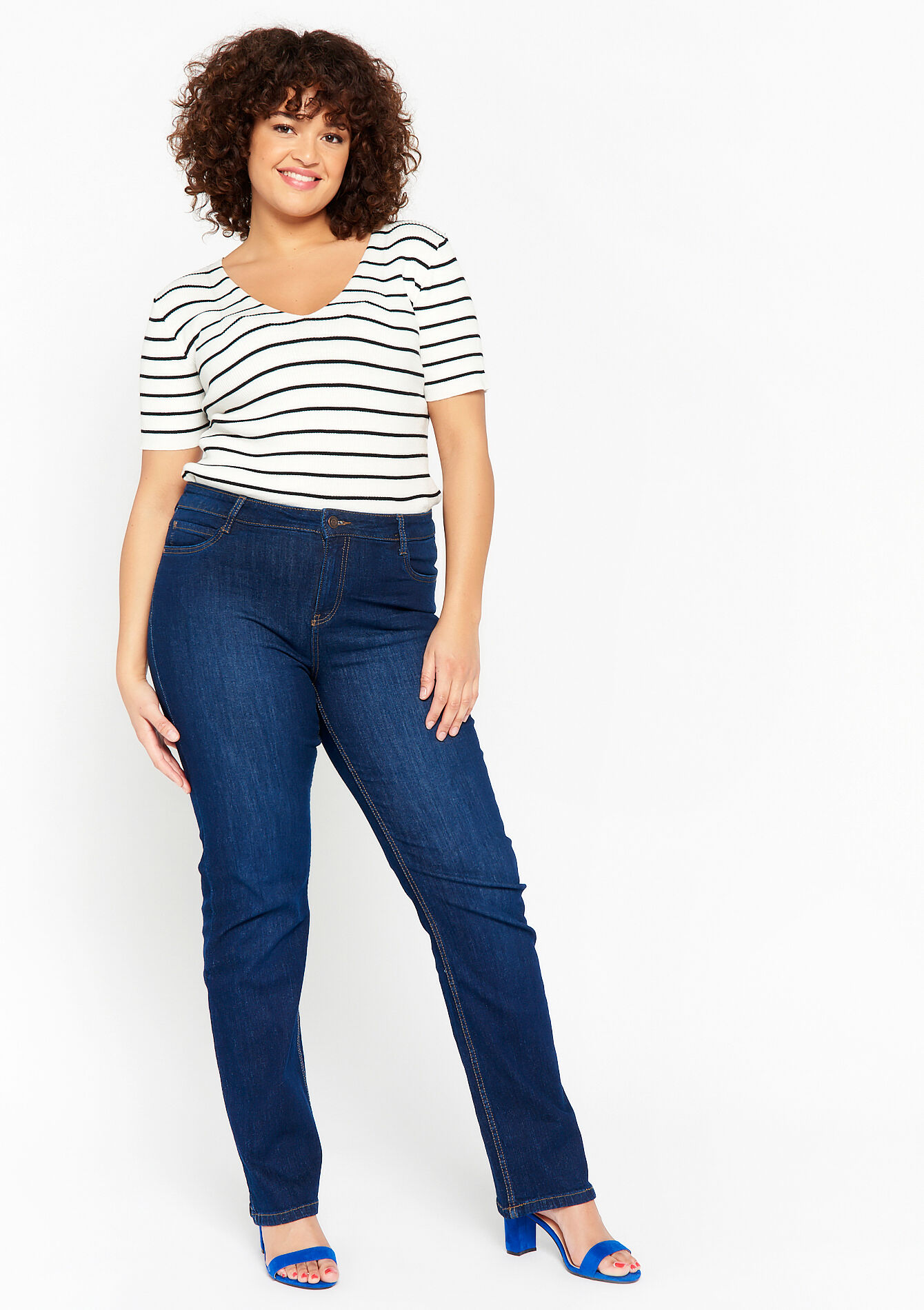 Gestreepte pullover met V-hals - OFFWHITE - 04006084_1001