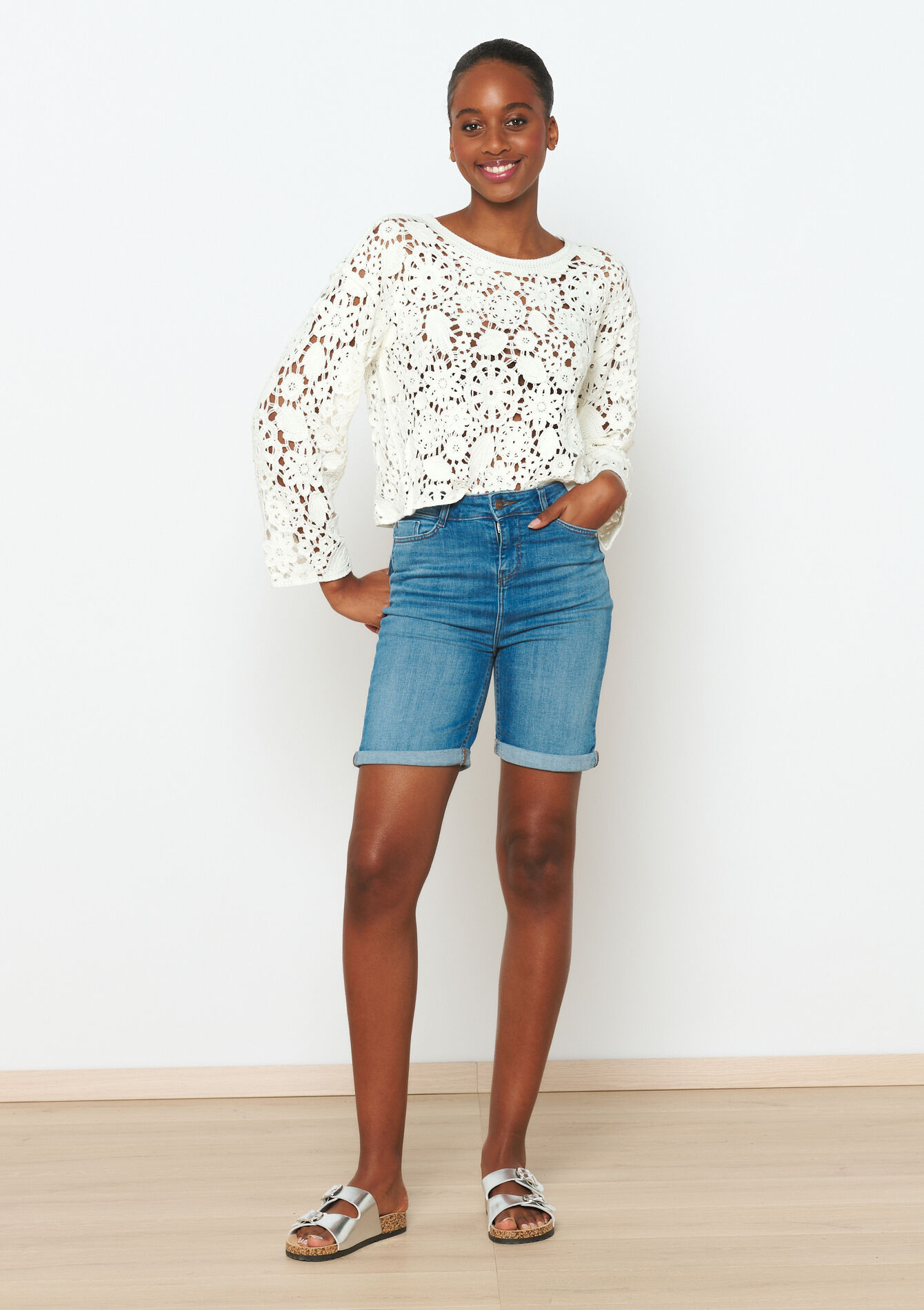 Long denim shorts - MEDIUM BLUE - 22000516_0500