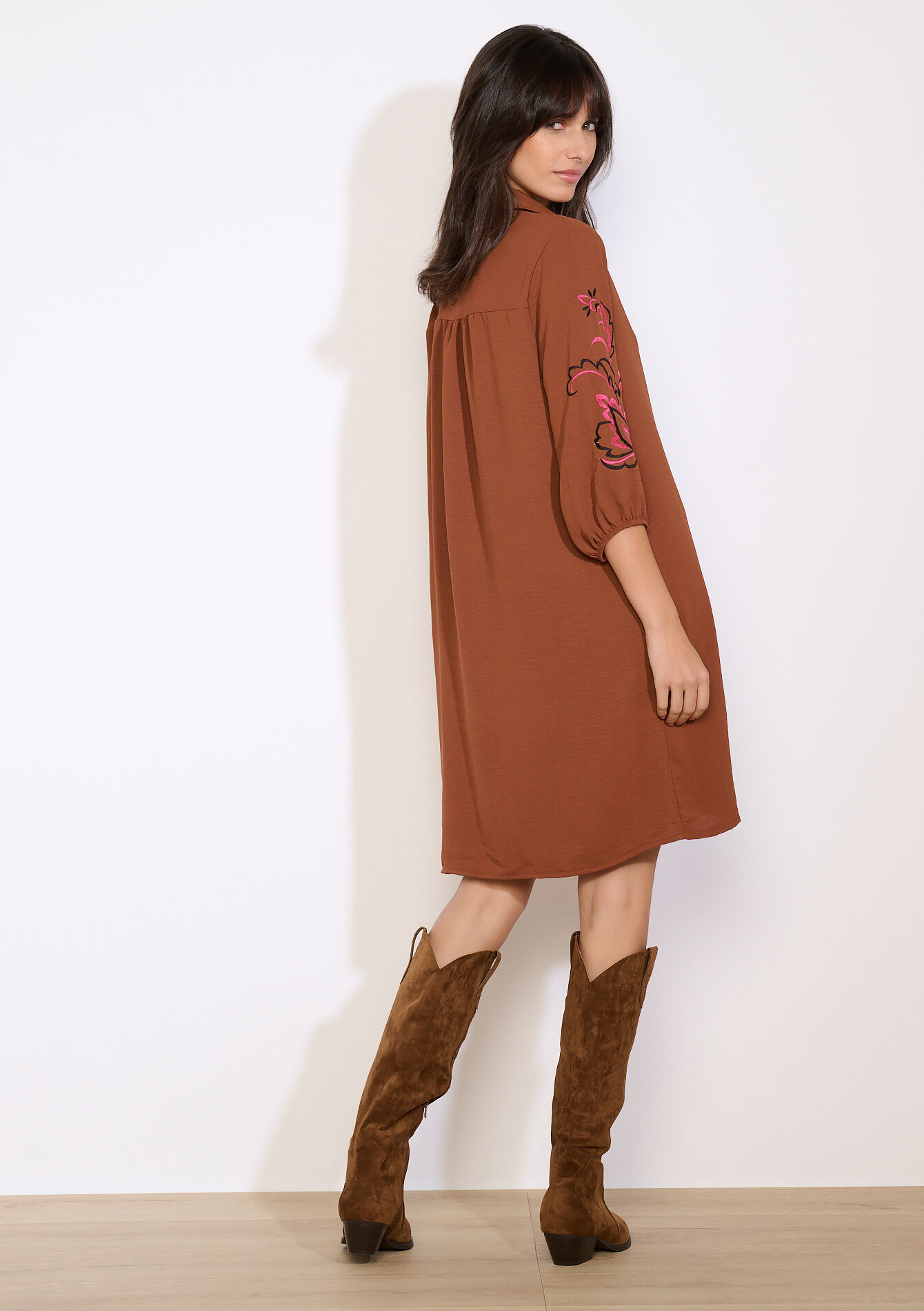 Robe chemise brodée, Robe chemise brodée - CARAMEL - 08104381_1953
