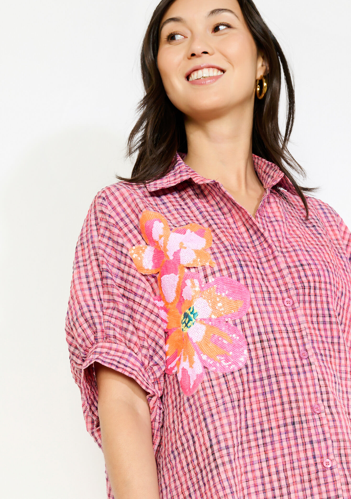 Robe chemise courte vichy - PINK BUBBLEGUM - 08104449_1477