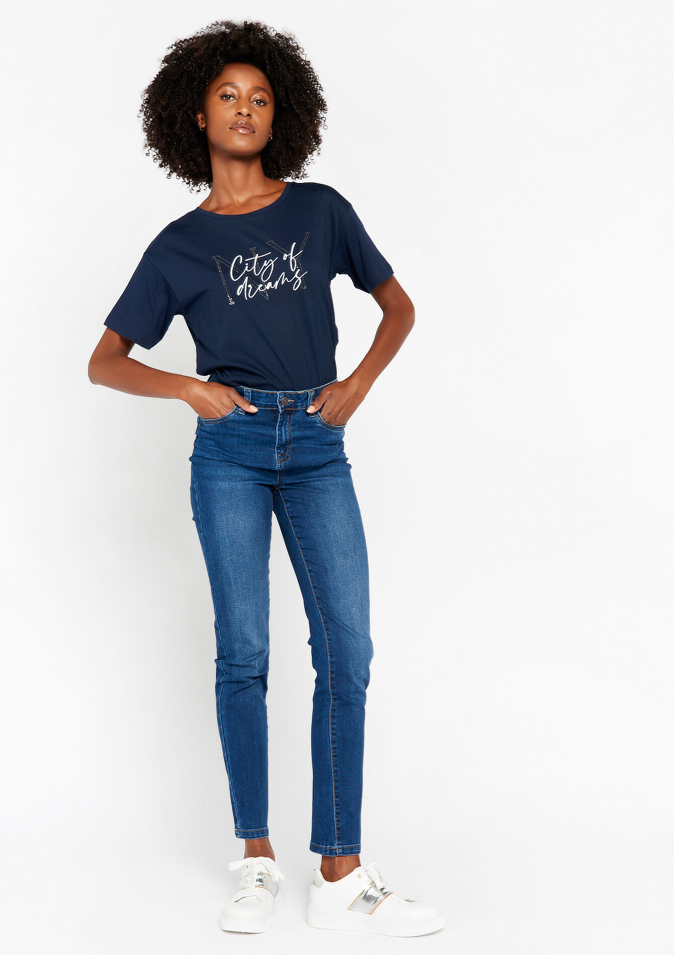 Slim jeans met hoge taille, Slim jeans met hoge taille - DARK BLUE - 22000451_0501