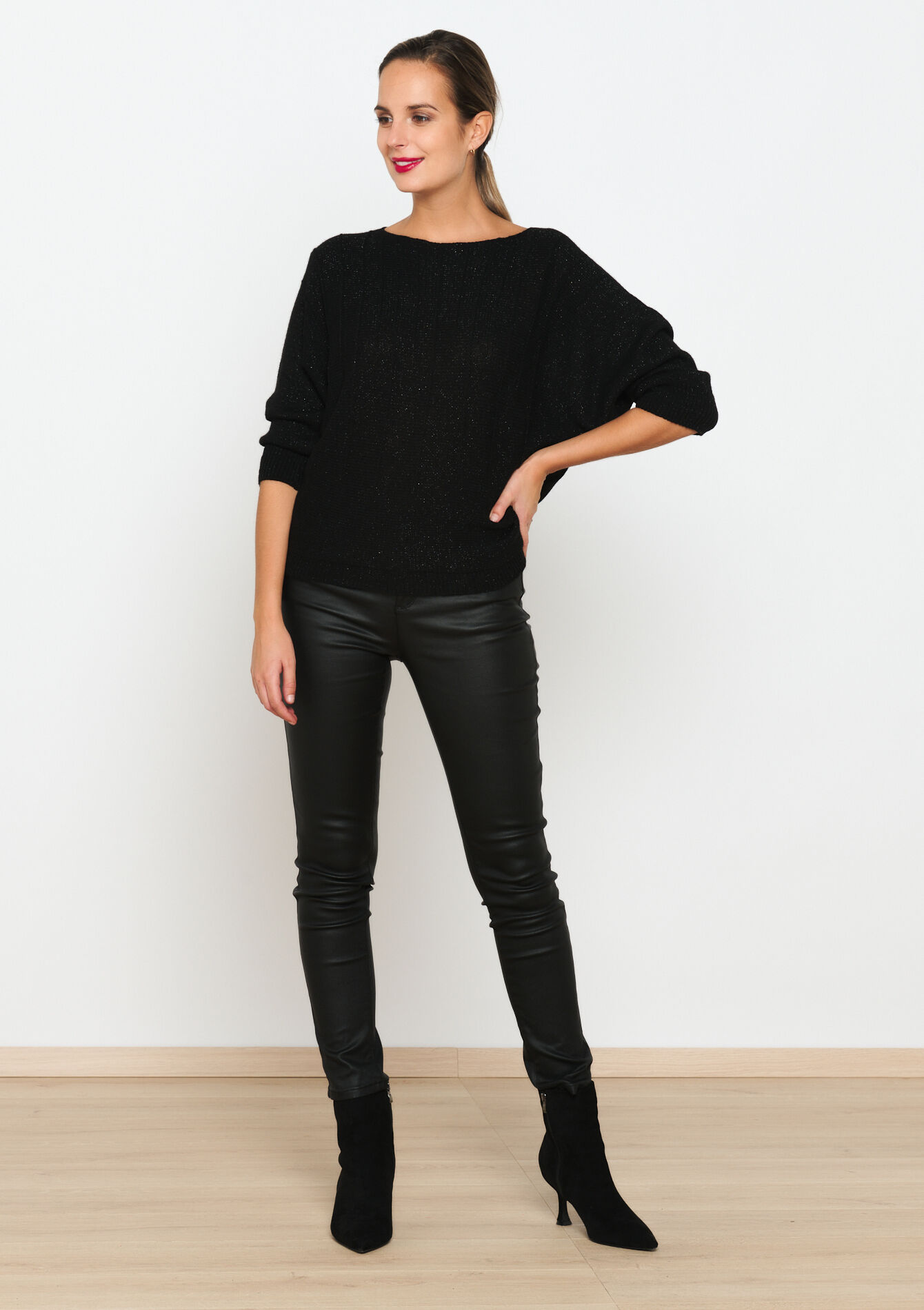 Lurex pullover with batwing sleeves, Lurex pullover with batwing sleeves - BLACK - 04006276_1119