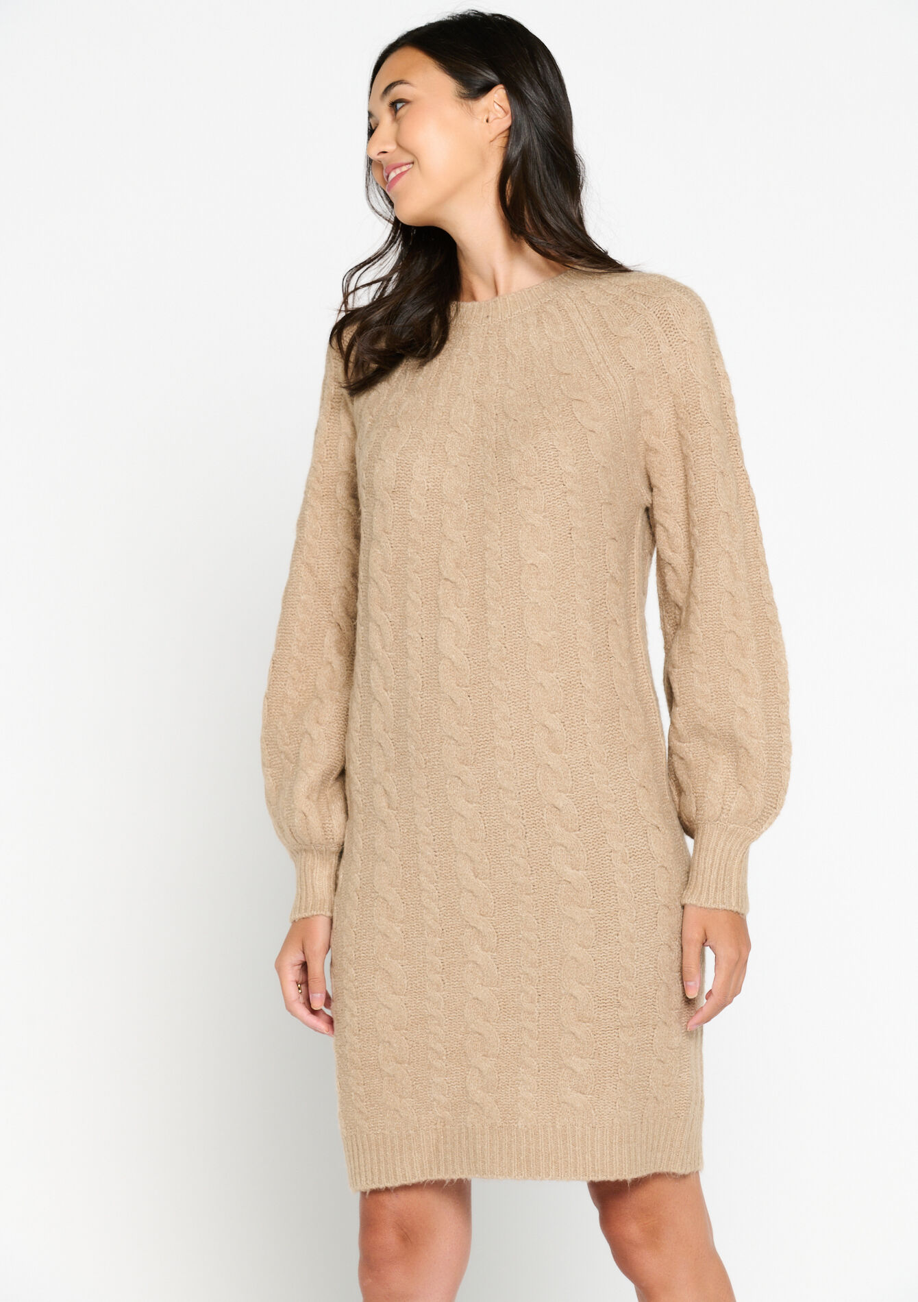 Knitted dress with cables - TAUPE - 08103303