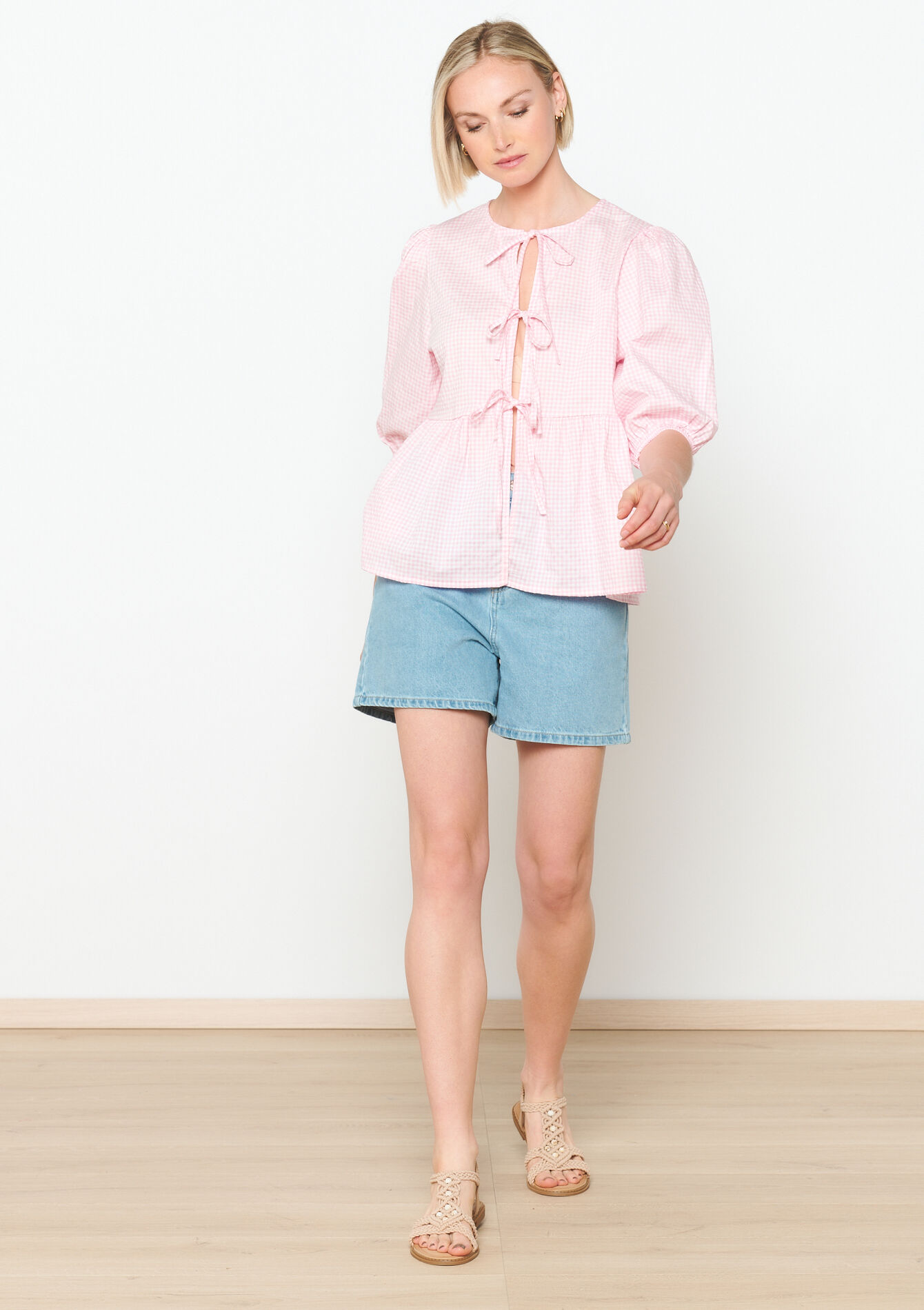 Vichy blouse met strikjes, Vichy blouse met strikjes - LIGHT PINK - 05702520_1303