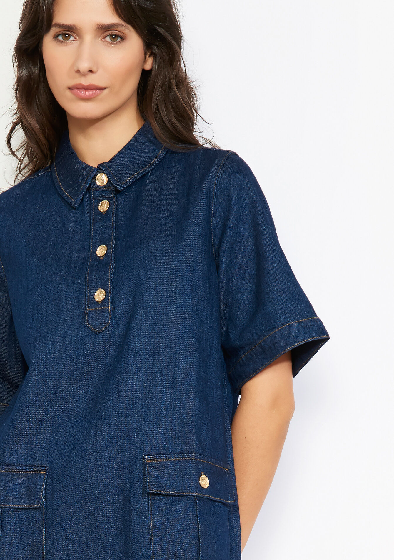 Korte overhemdjurk van denim - DARK BLUE - 08104289_0501