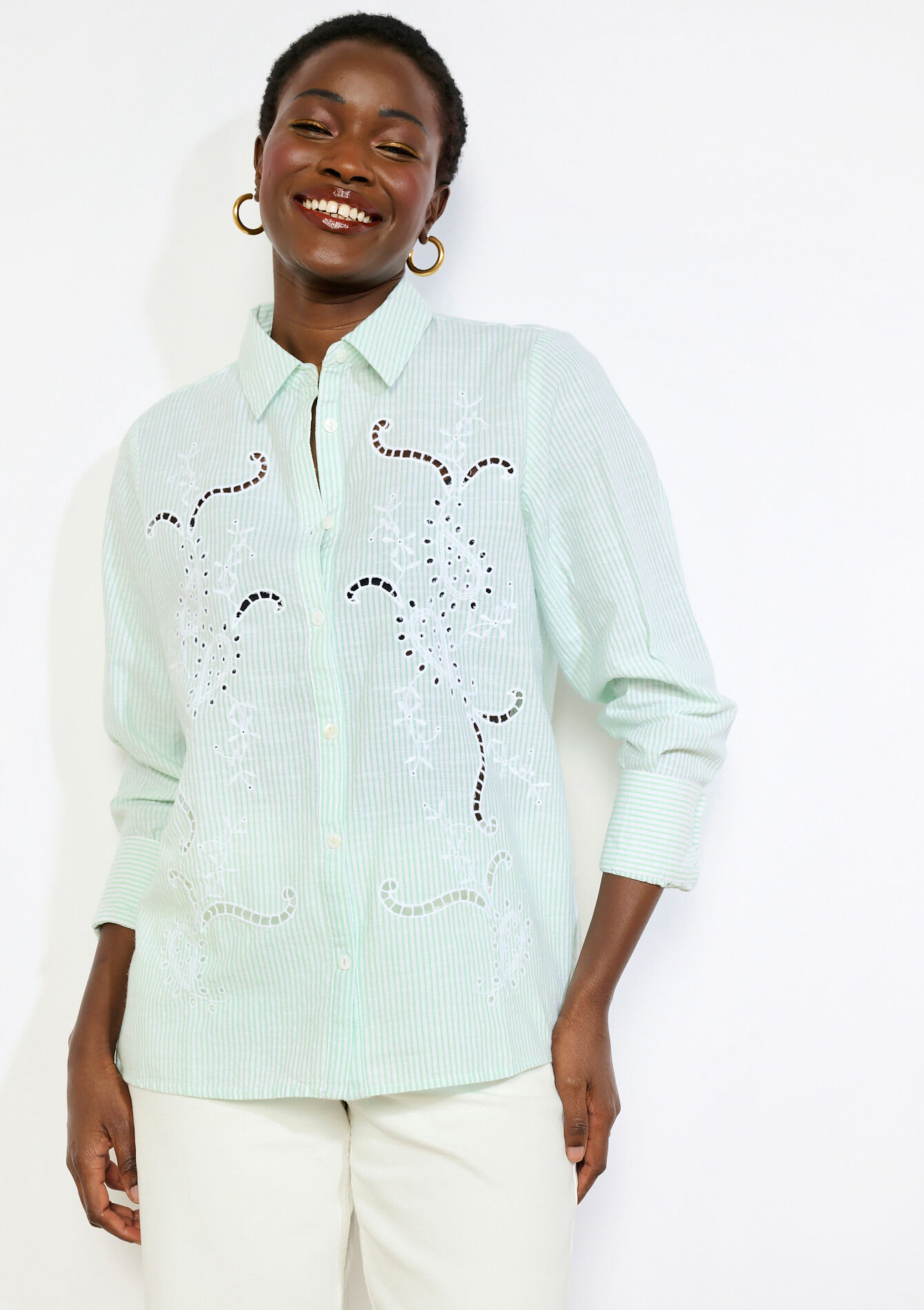 Chemise brodée à rayures - LIGHT GREEN PASTEL - 05702951_1822