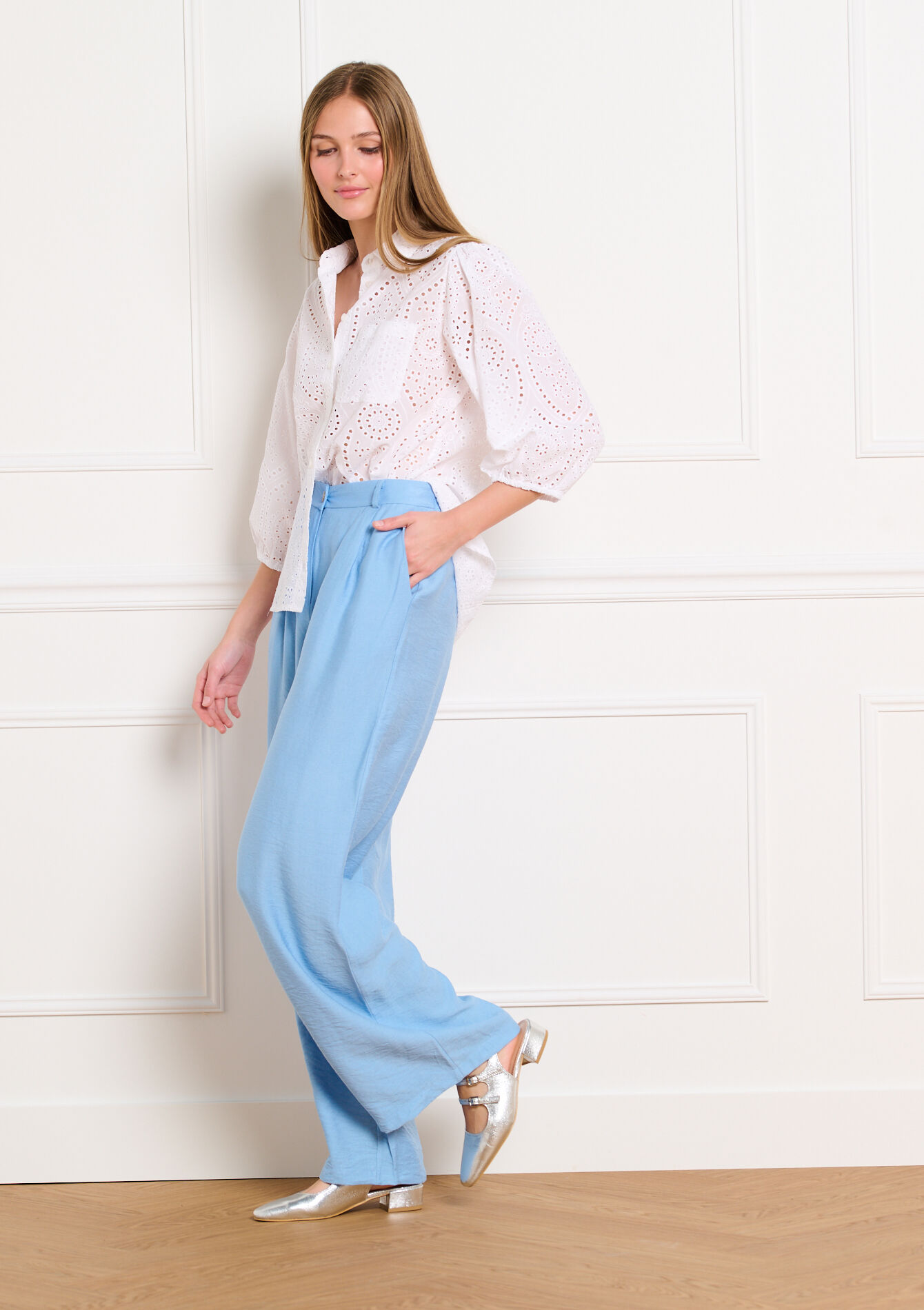 Wijde viscose broek, Wijde viscose broek - BLUE PASTEL - 06100820_3003