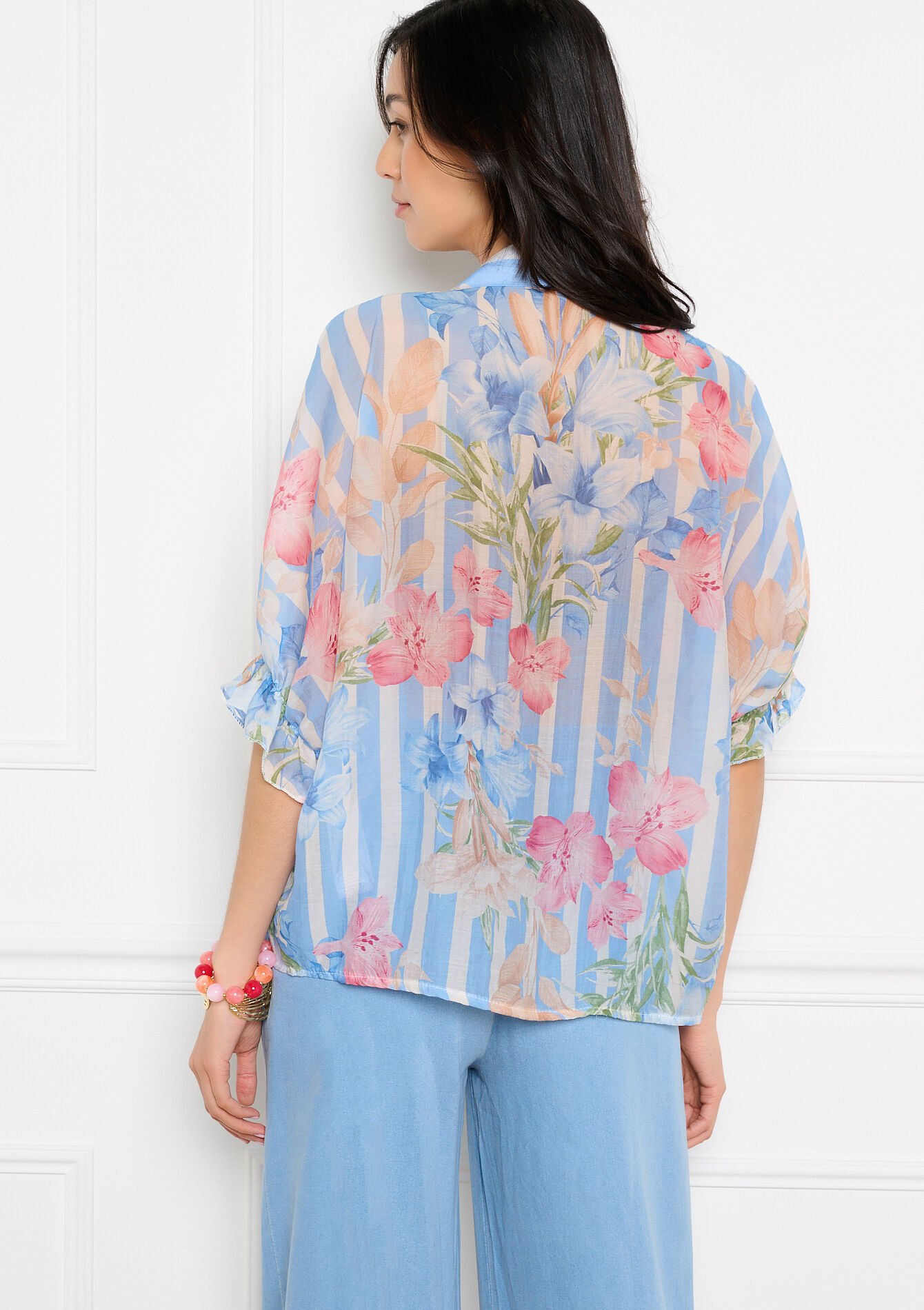 Chemise voile rayures fleurs - BLUE PASTEL - 05703092_3003