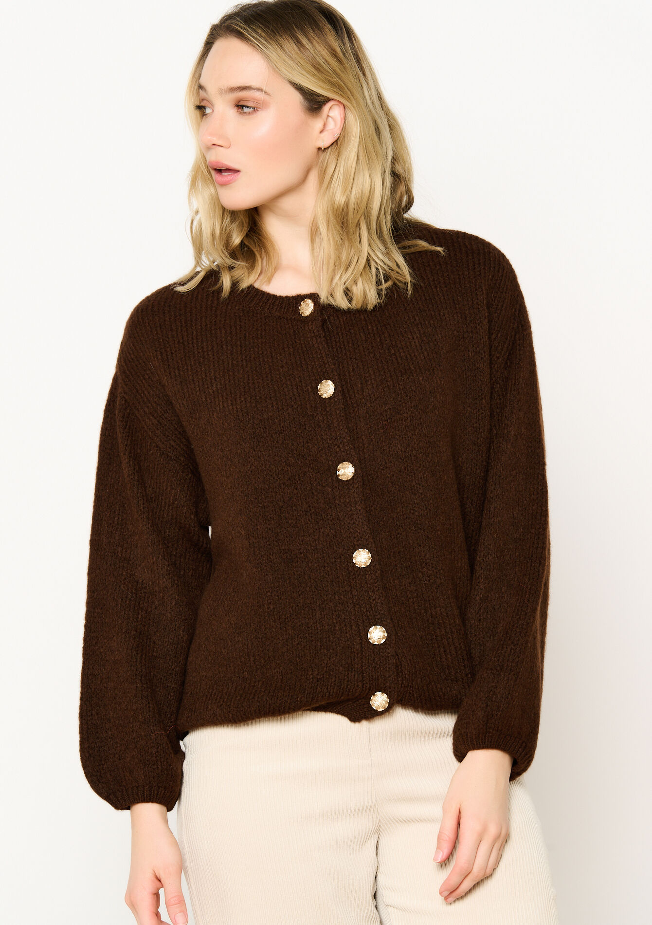 Cardigan met gouden knopen, Cardigan met gouden knopen - BROWN DARK CHOCOLATE - 1120503
