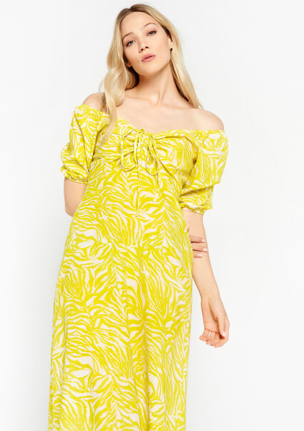 Linen dress with abstract print - LIME - 08601686_4711