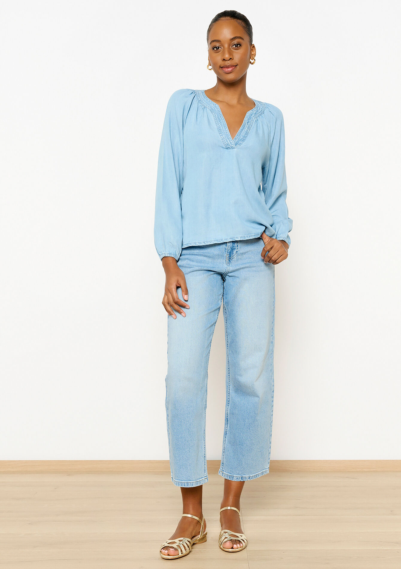 Blouse en tencel à col V - LIGHT BLUE JEANS - 05702368_91