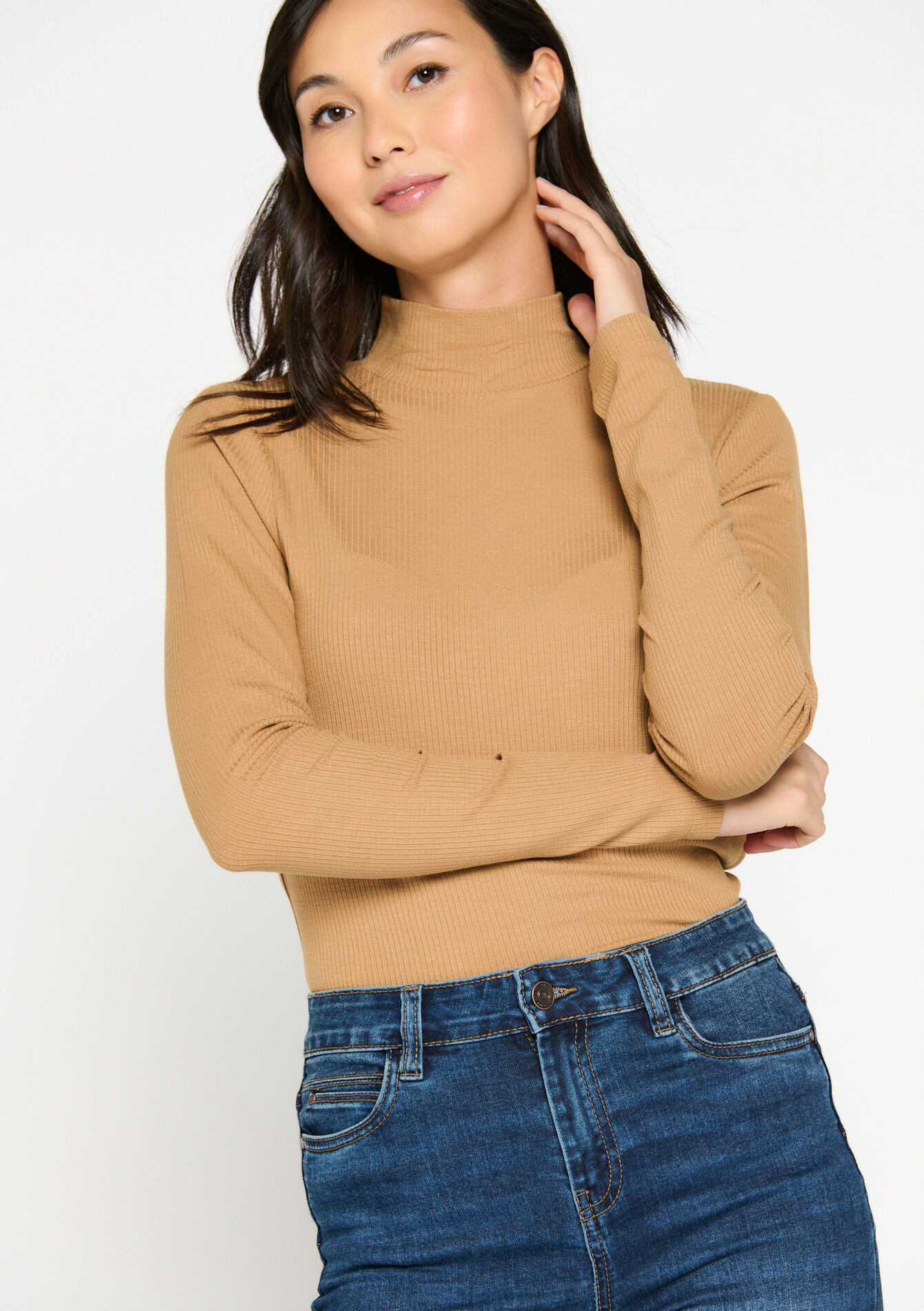 Ribbed T-shirt with collar - CAMEL GINGER - 02400256_3831