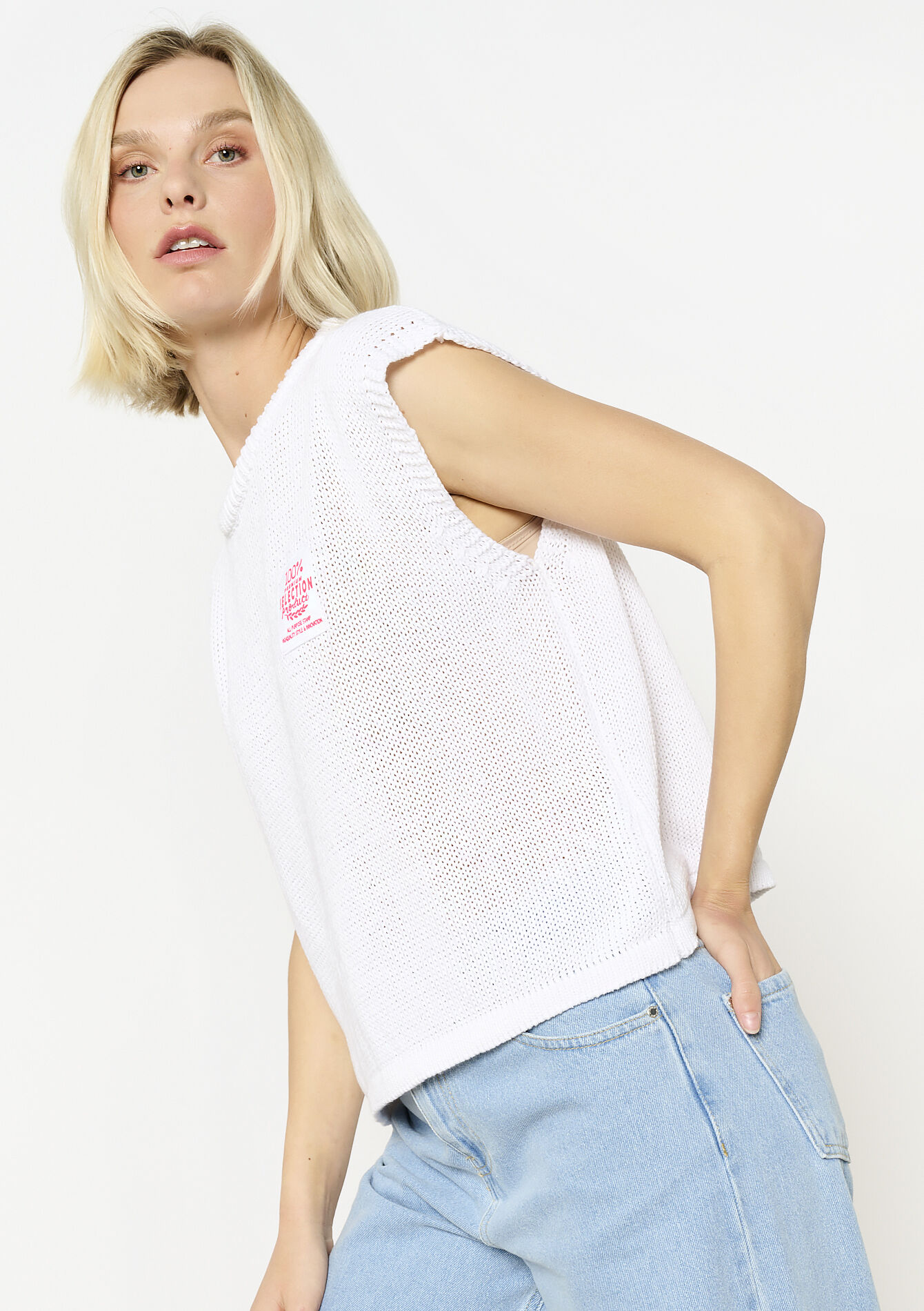 Mouwloze gebreide T-shirt, Mouwloze gebreide T-shirt - OPTICAL WHITE - 02200500_1019