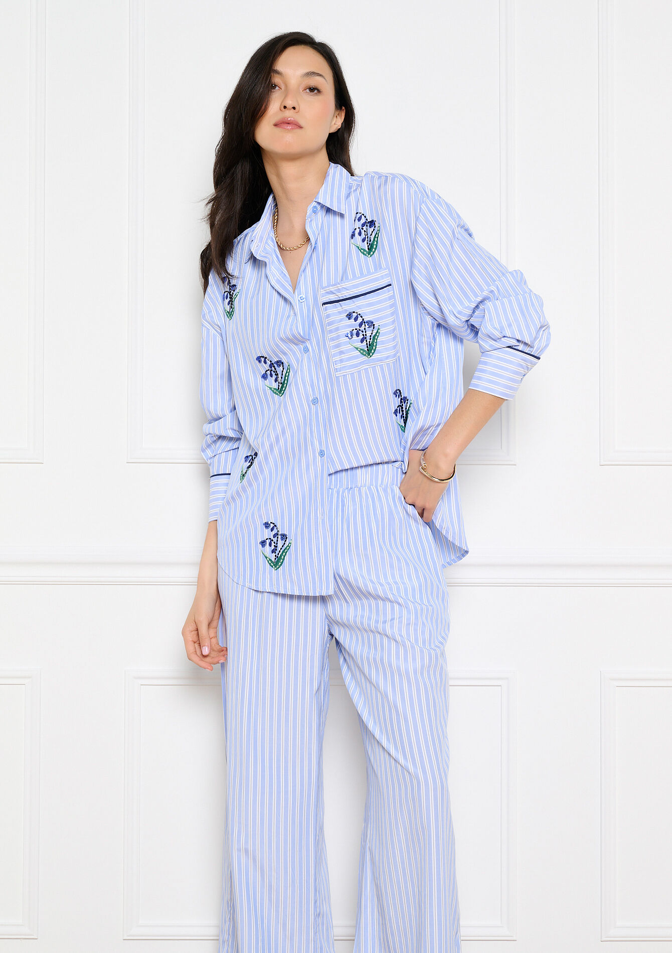 Embroidered striped shirt - BLUE PASTEL - 05703050_3003