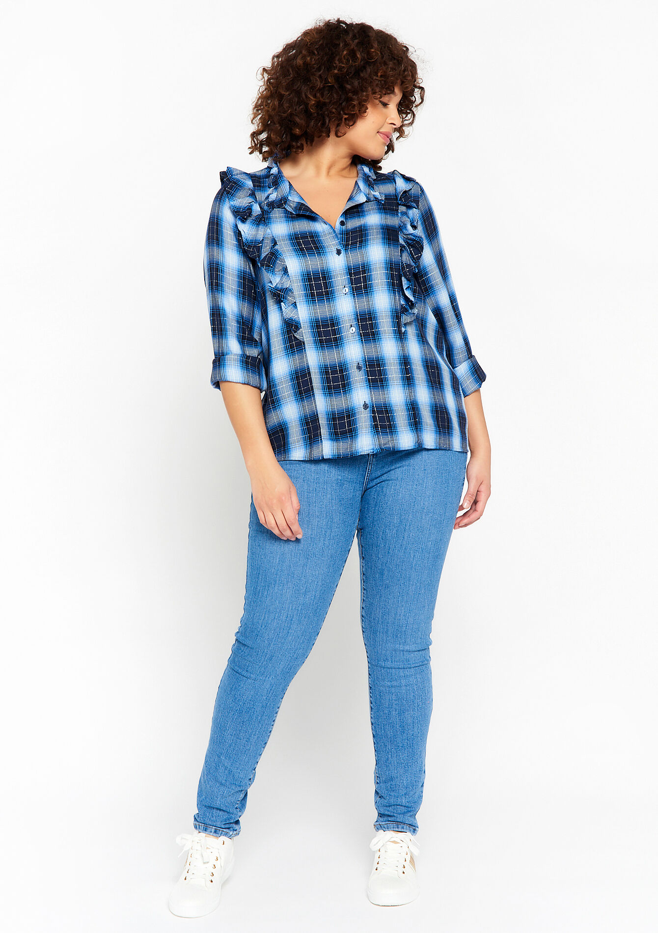 Checkered shirt with ruffles - BRIGHT BLUE - 05702117