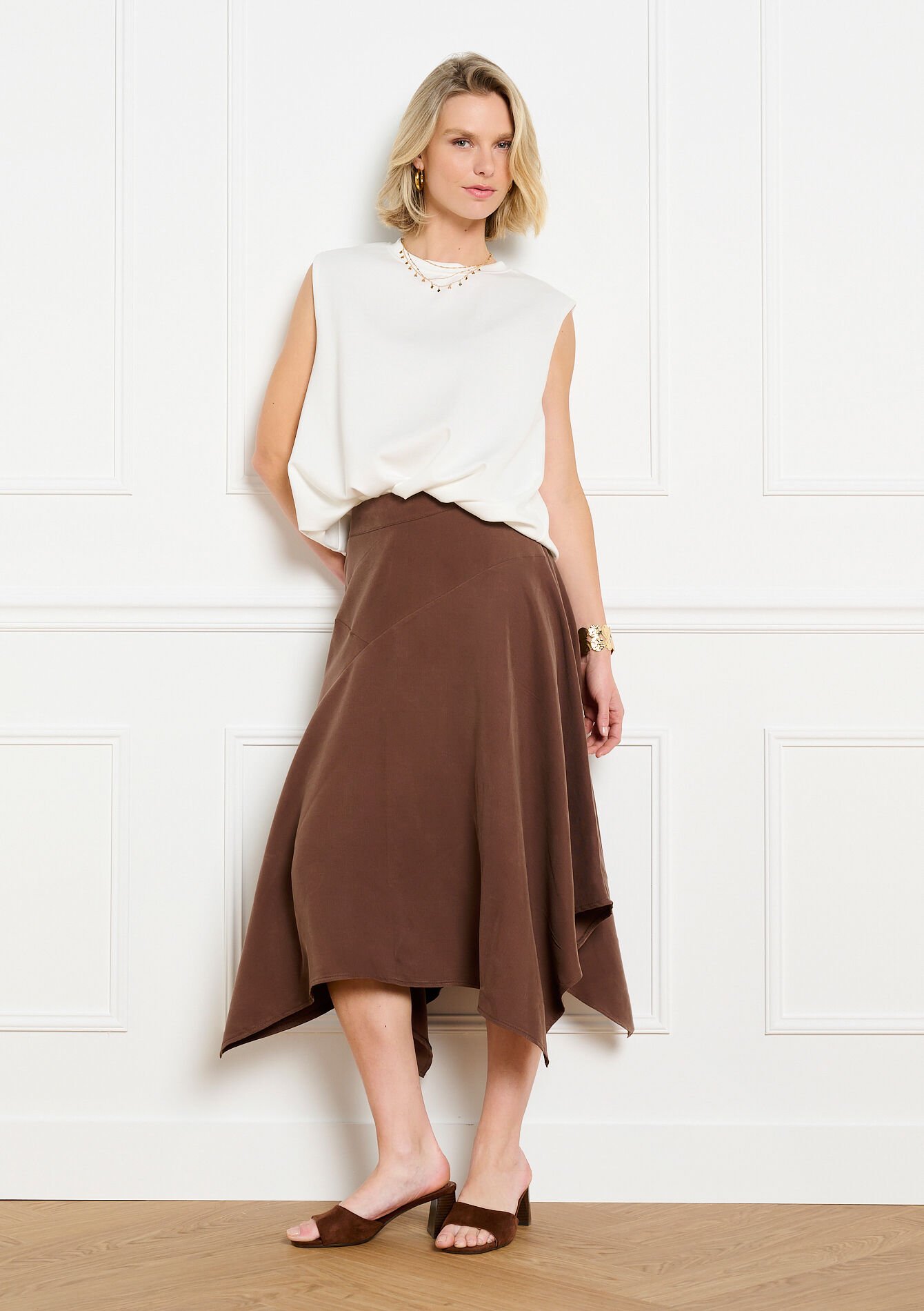 Asymmetrische midi rok - BROWN DARK CHOCOLATE - 07101497_3720