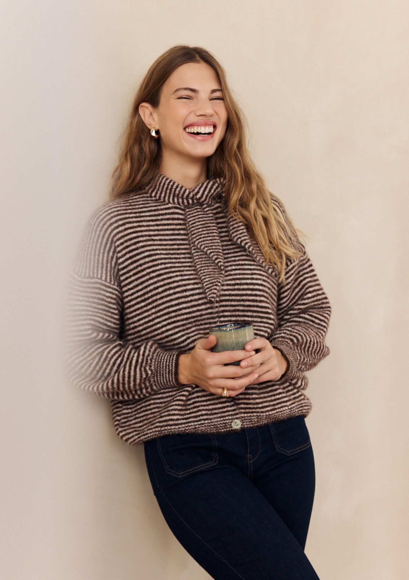 Gilet rayé à col noué, Gilet rayé à col noué - BROWN DARK CHOCOLATE - 04101408_3720