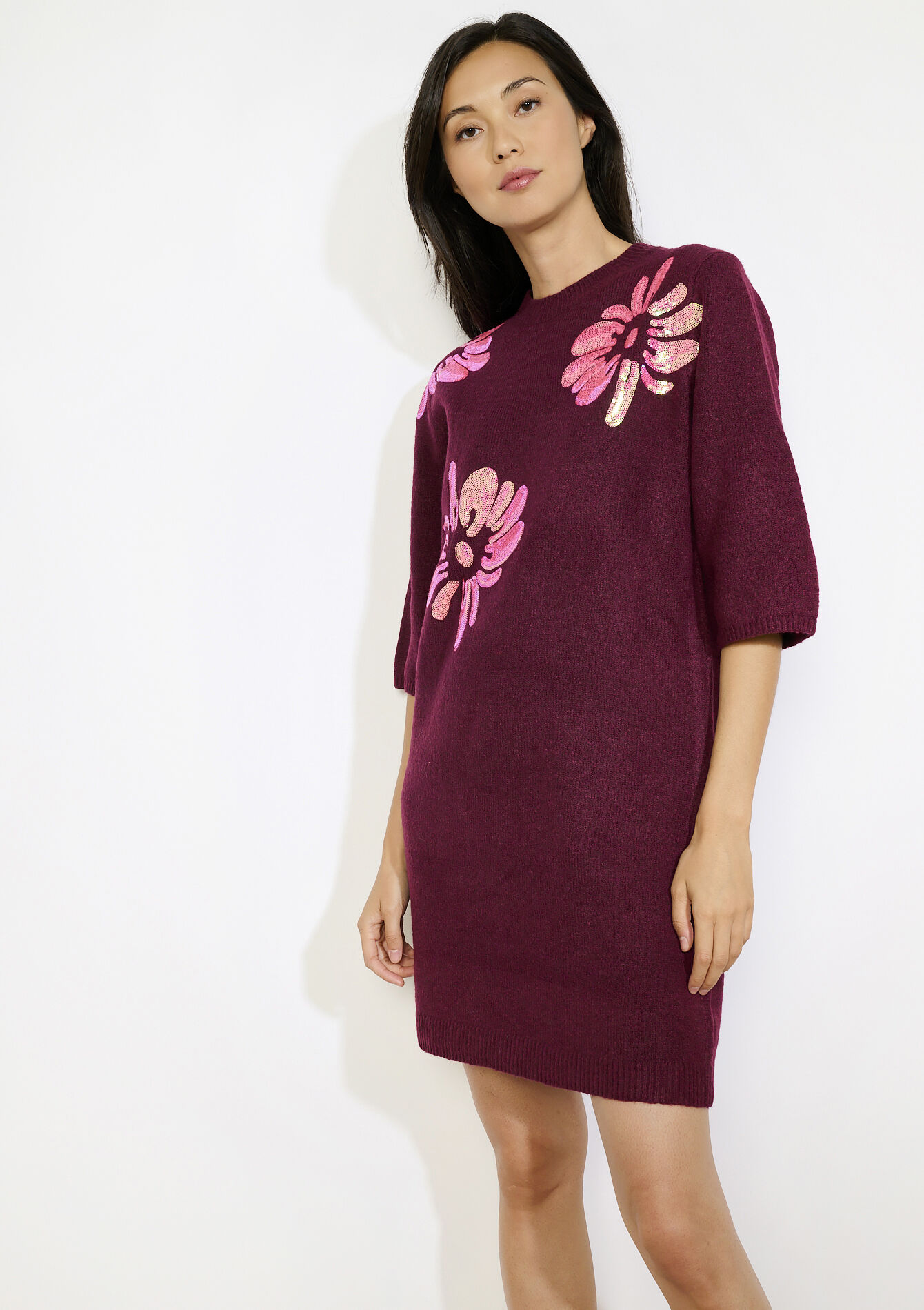 Robe pull fleurie brodée, Robe pull fleurie brodée - BORDEAUX WINE - 08104284_5514