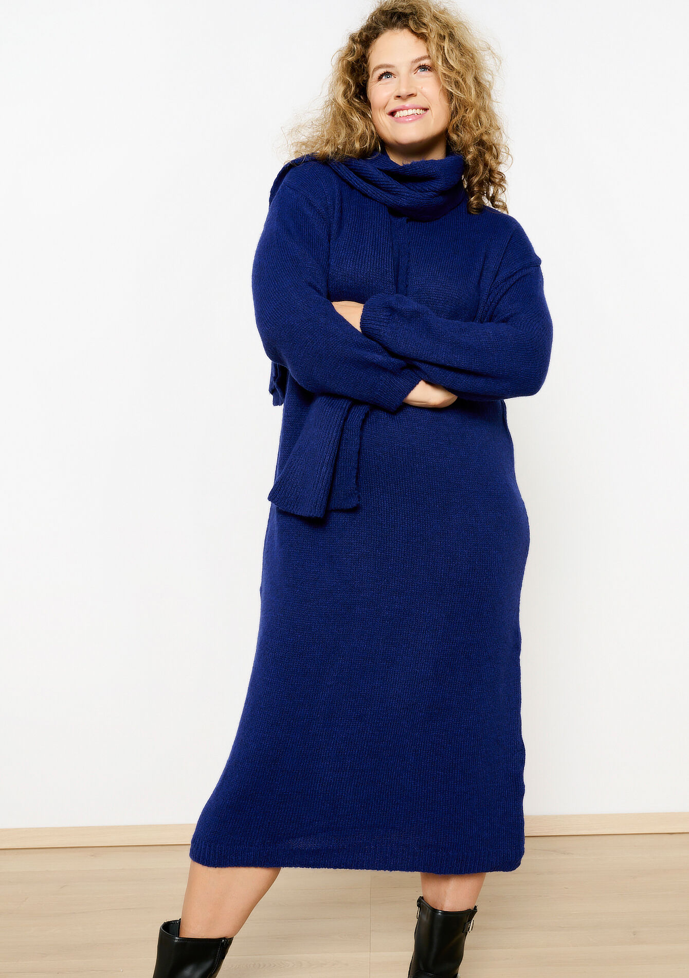 Robe pull longue avec écharpe - NAVY BASIC - 08103891_2723