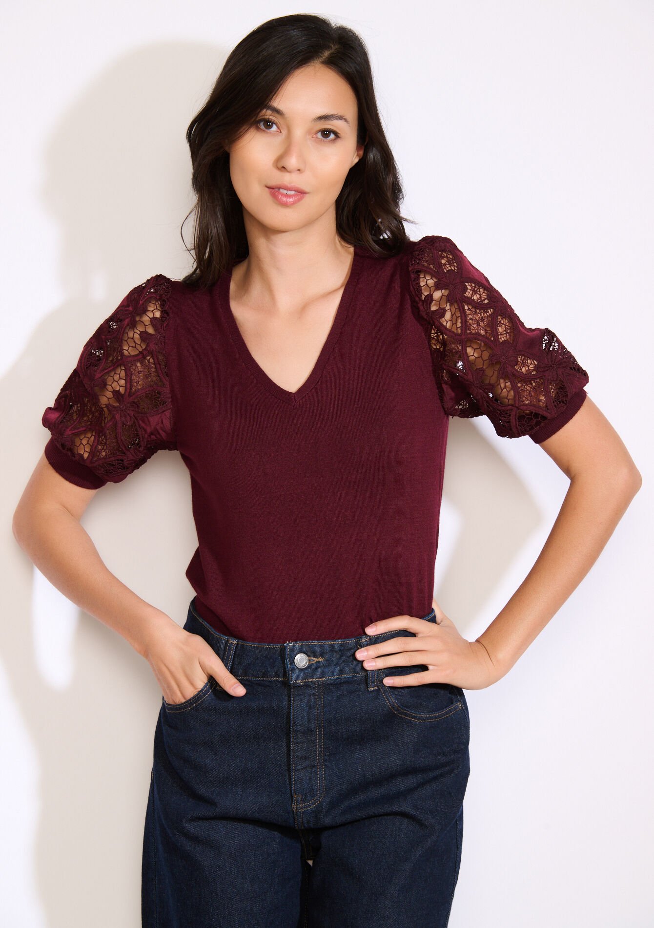 Trui met korte kanten mouwen, Trui met korte kanten mouwen - BORDEAU WINE - 04006987