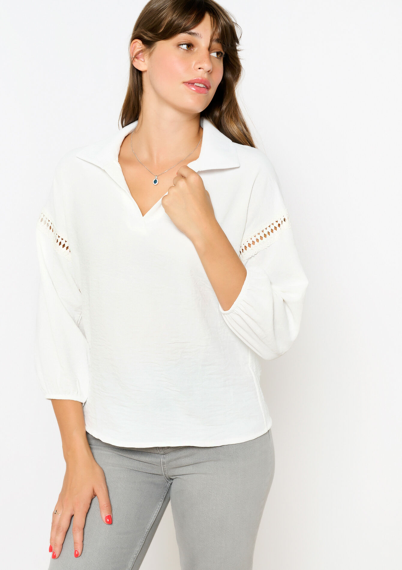 Blouse with macramé, Blouse with macramé - OPTICAL WHITE - 05702650_1019