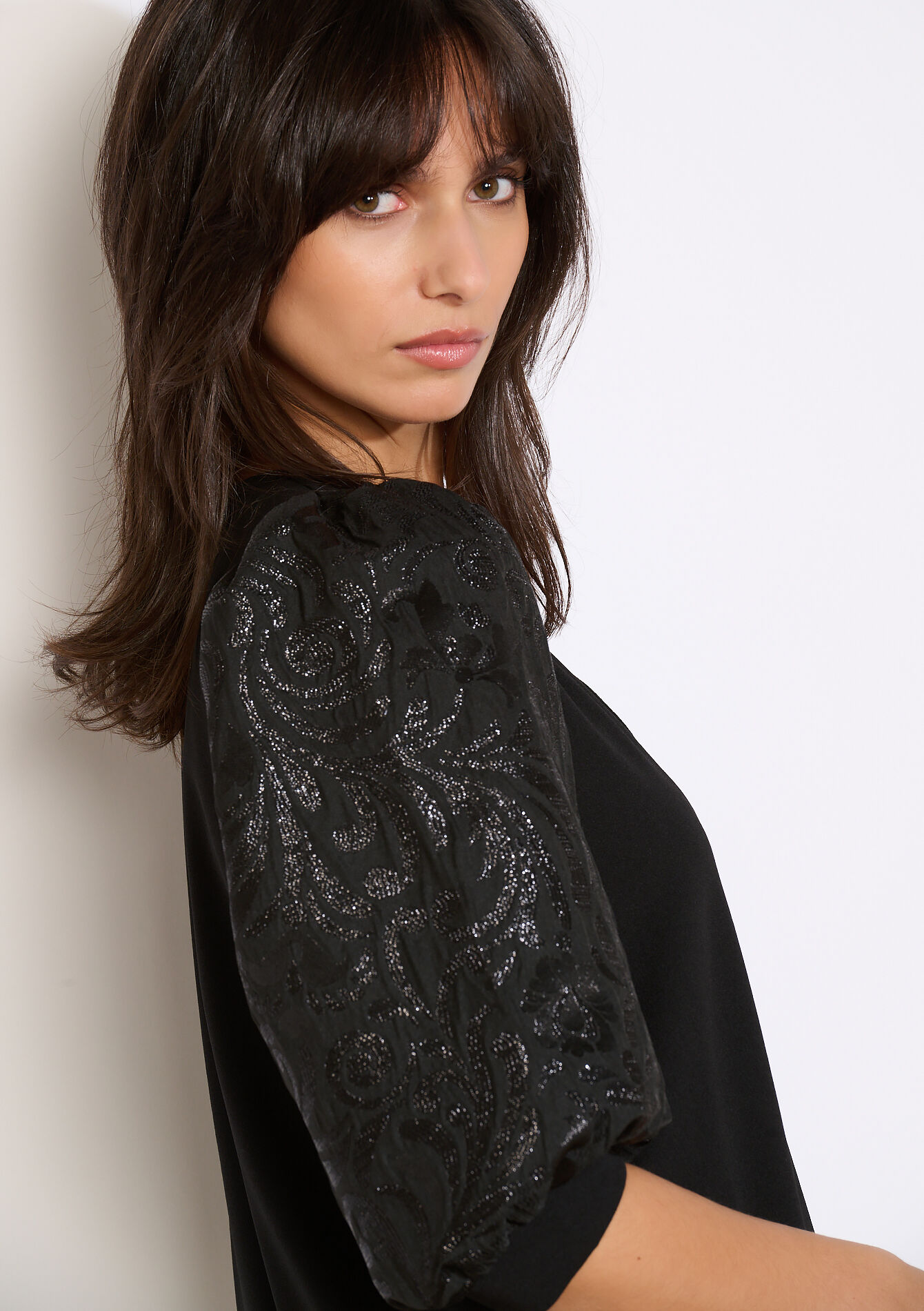 Robe courte manches brodées, Robe courte manches brodées - BLACK - 08104382_1119