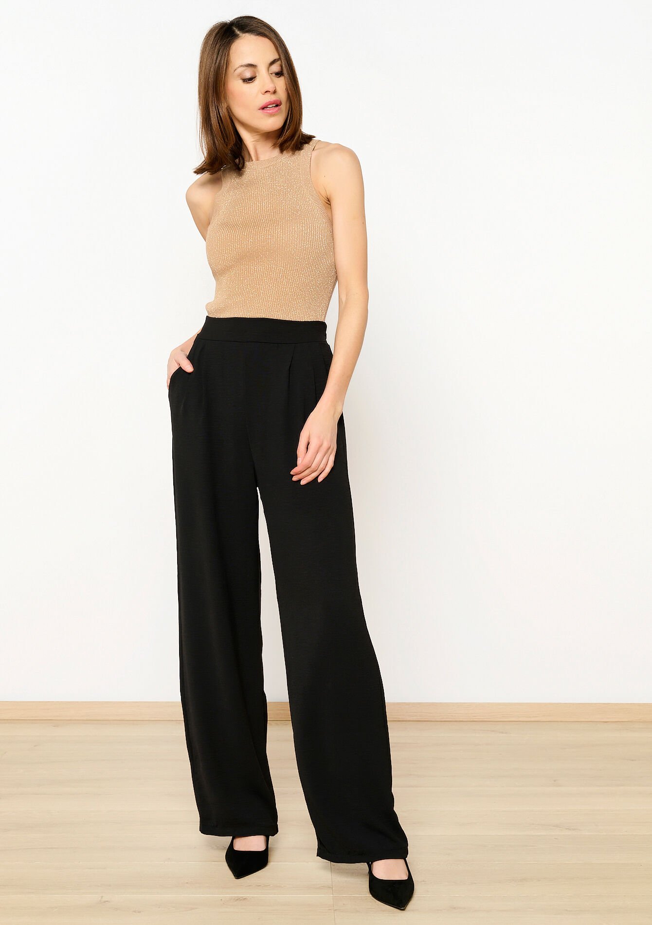 Geribbelde tank top met lurex, Geribbelde tank top met lurex - CAMEL GINGER - 02200389_3831