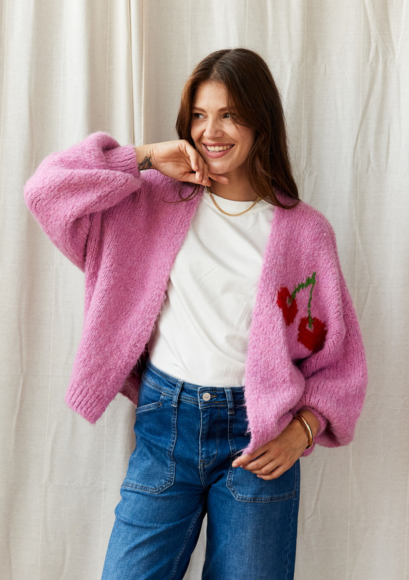 Cardigan with cherry print - FUCHSIA - 04101210_5626