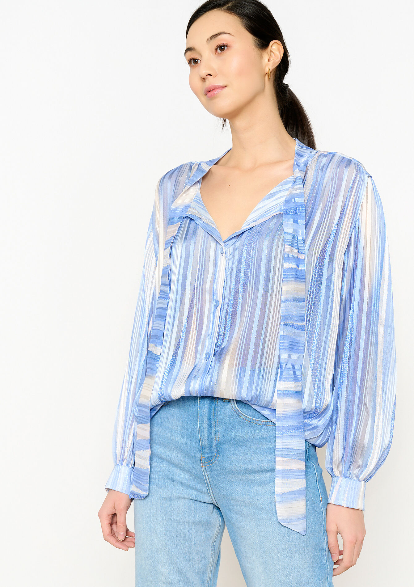 Blouse à rayures en lurex, Blouse à rayures en lurex - BLUE PASTEL - 05702435_3003