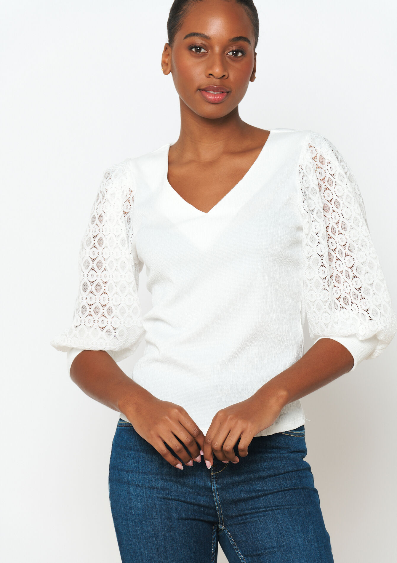 T-shirt met kanten mouwen - OFFWHITE - 02301535_1001