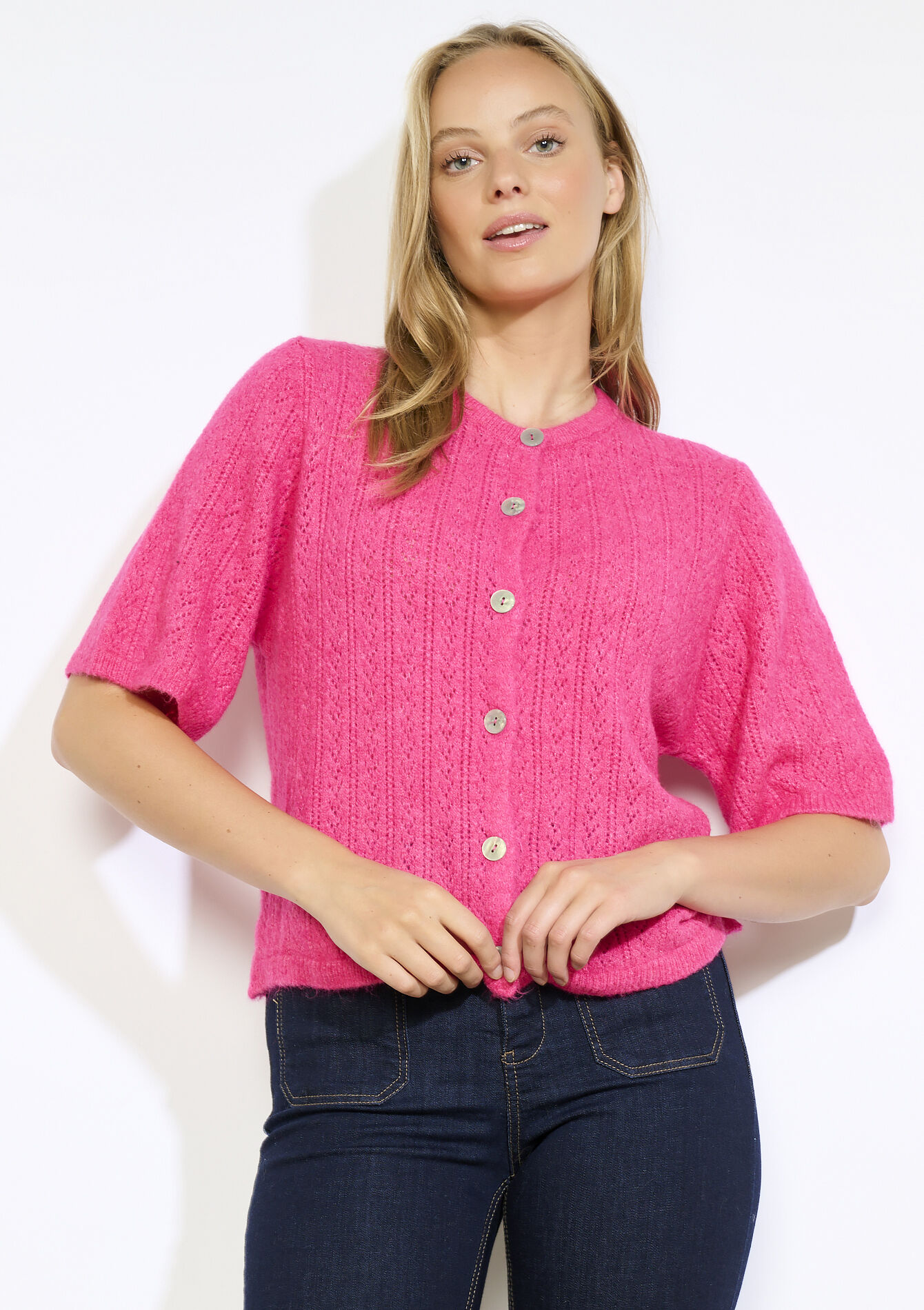 Openwork short-sleeve cardigan, Openwork short-sleeve cardigan - FLUO PINK - 04101335_5727