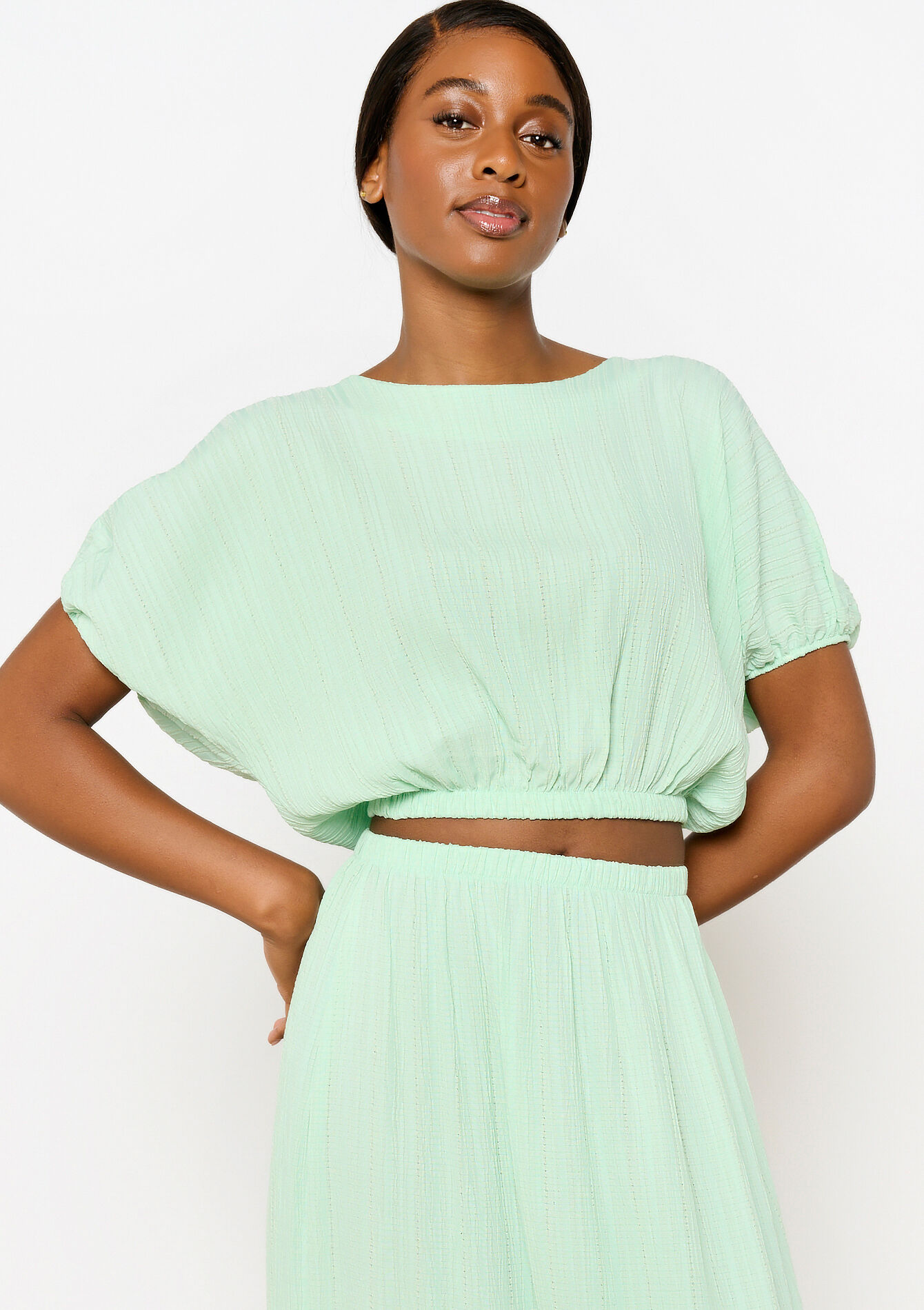 Cropped blouse with elastic waistband, Cropped blouse with elastic waistband - MINT GREEN - 05702562_1723