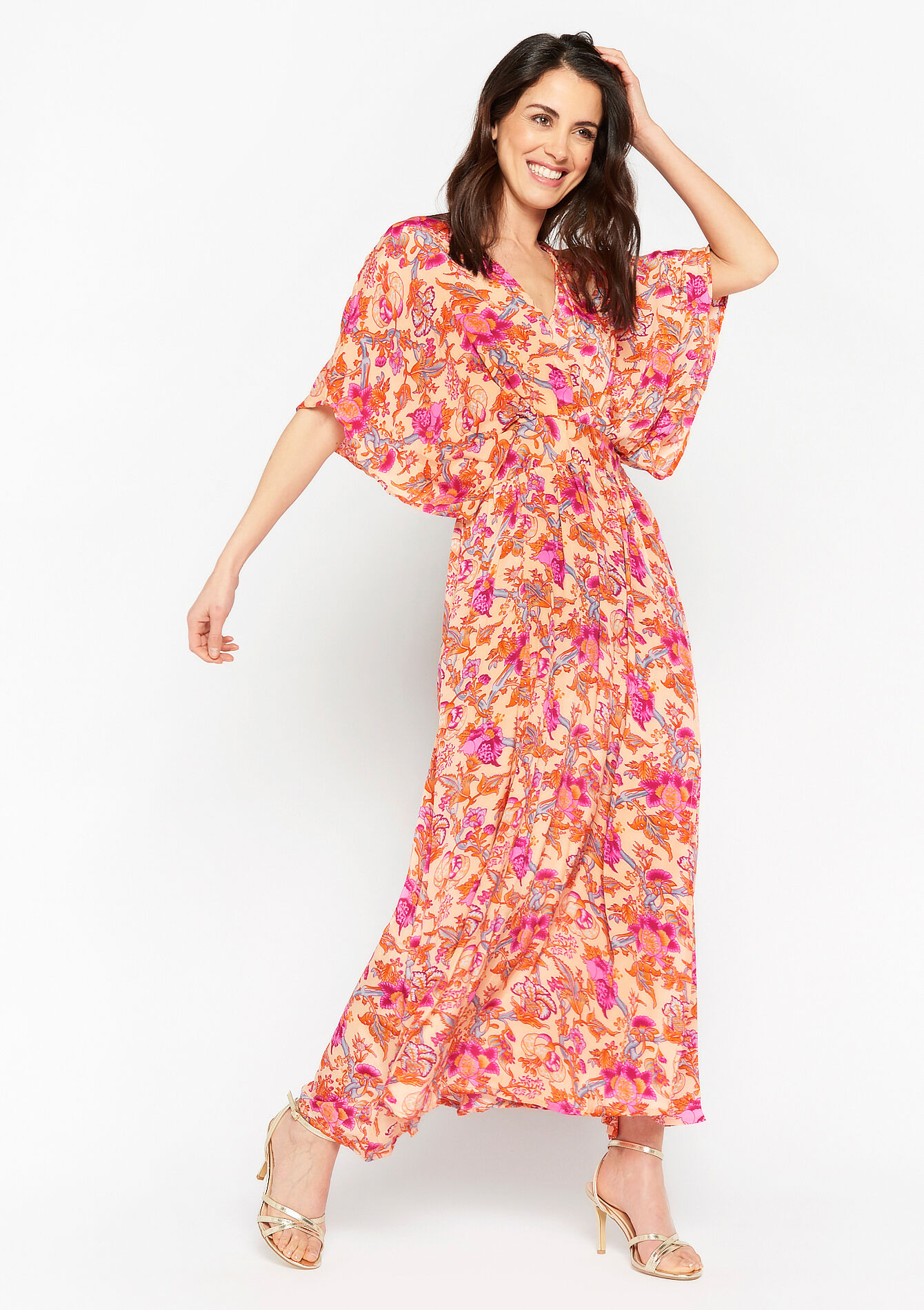 Robe longue à imprimé fleuri, Robe longue à imprimé fleuri - PASTEL PEACH - 08601830