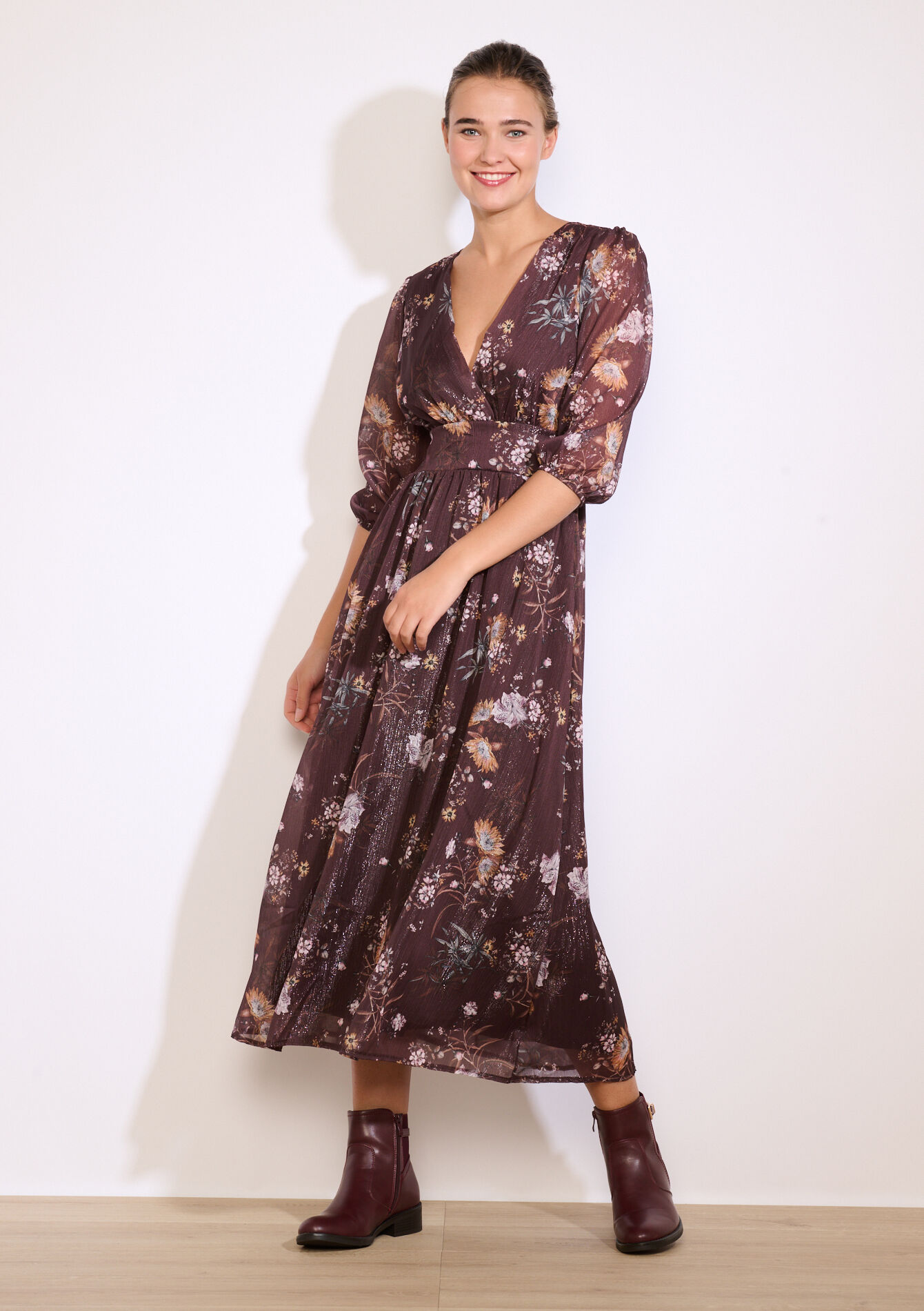 Gebloemde midi-jurk, Gebloemde midi-jurk - BROWN DARK CHOCOLATE - 08104224_3720