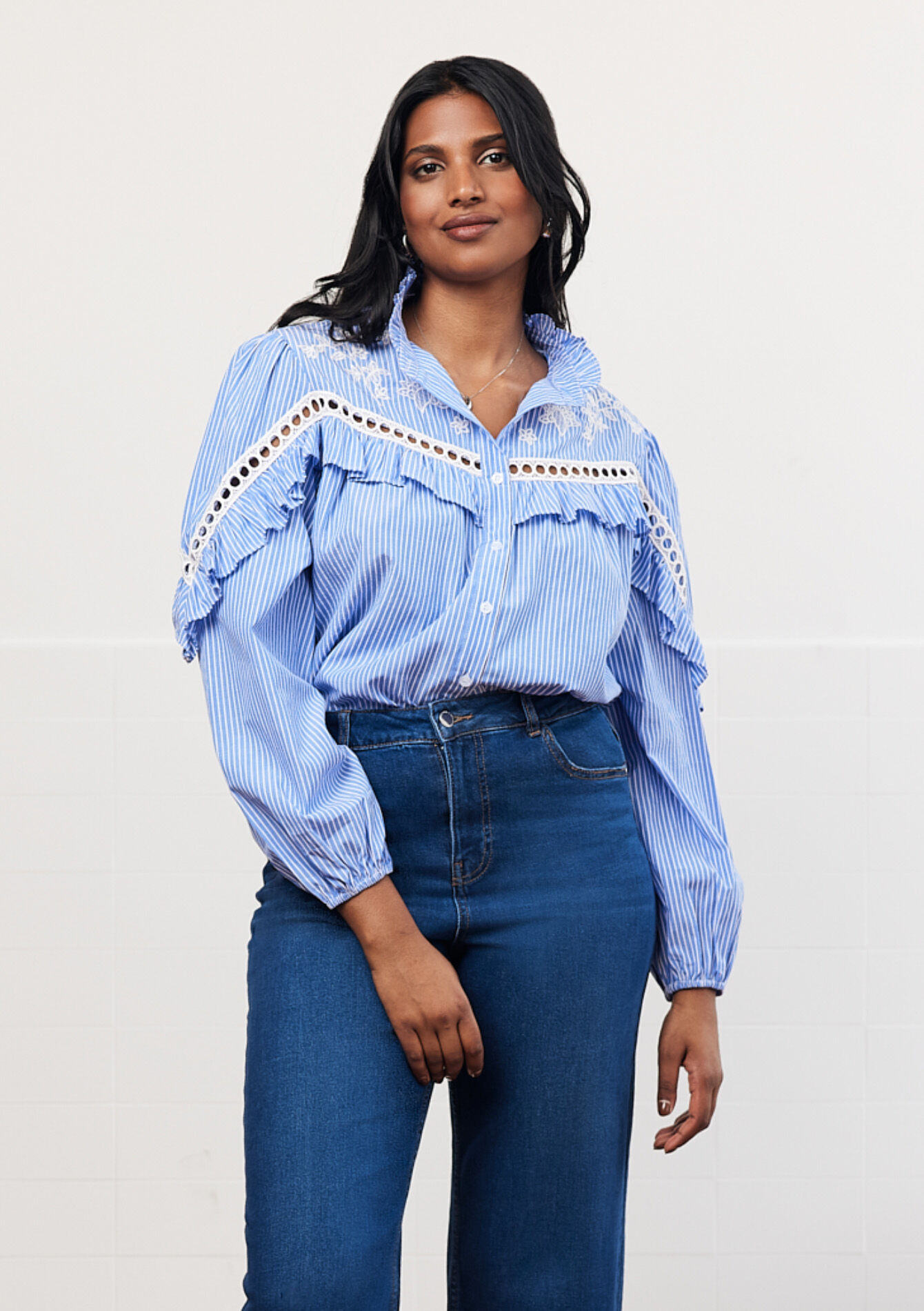 Blouse à rayures avec broderie, Blouse à rayures avec broderie - BLUE FAIENCE - 05702613_1584