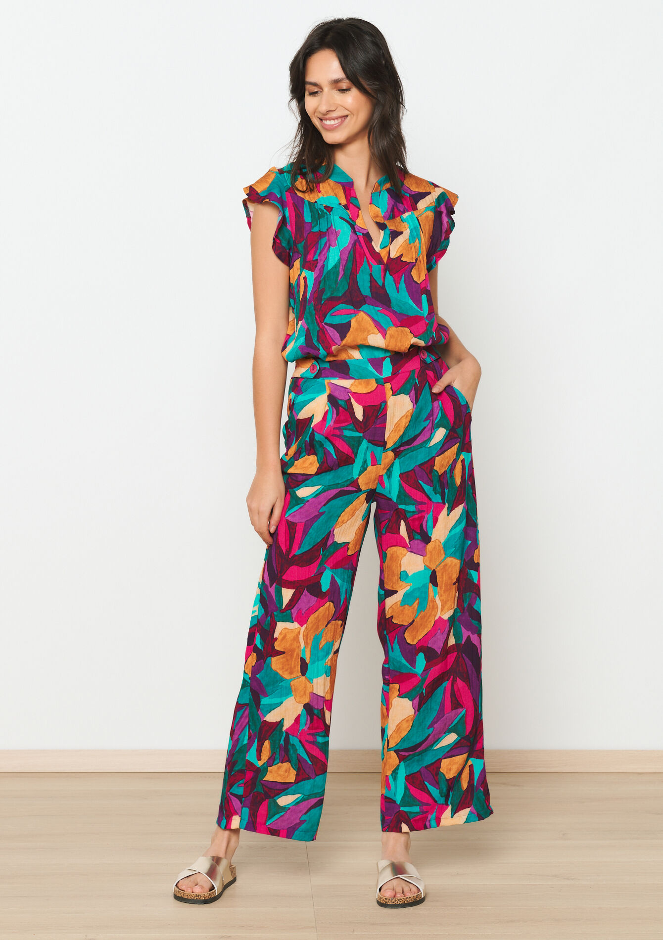 Trousers with watercolour print - FUSCHIA PINK - 06600832_1465