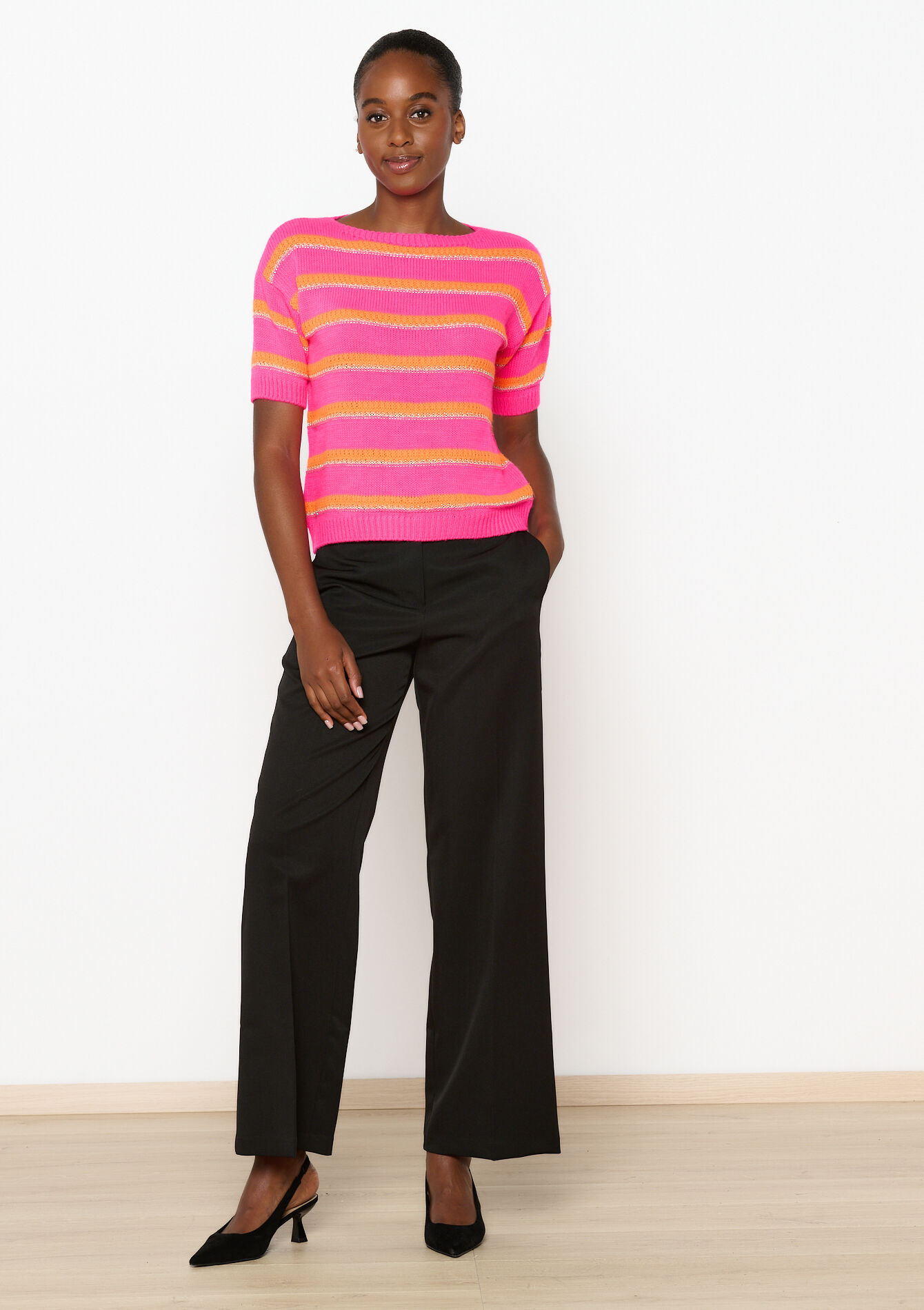 Opengewerkte trui met strepen, Opengewerkte trui met strepen - FLUO PINK - 04006681_5727