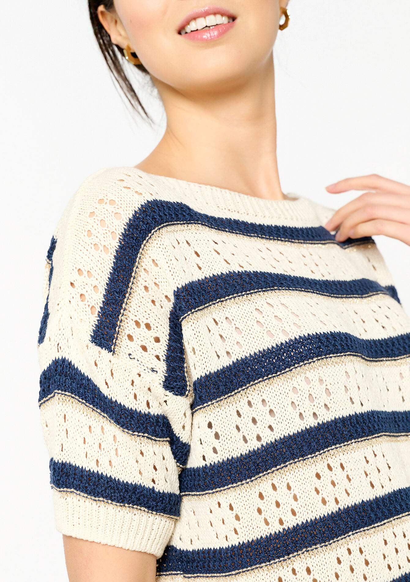 Crocheted pullover with stripes - OFFWHITE - 04006499_1001