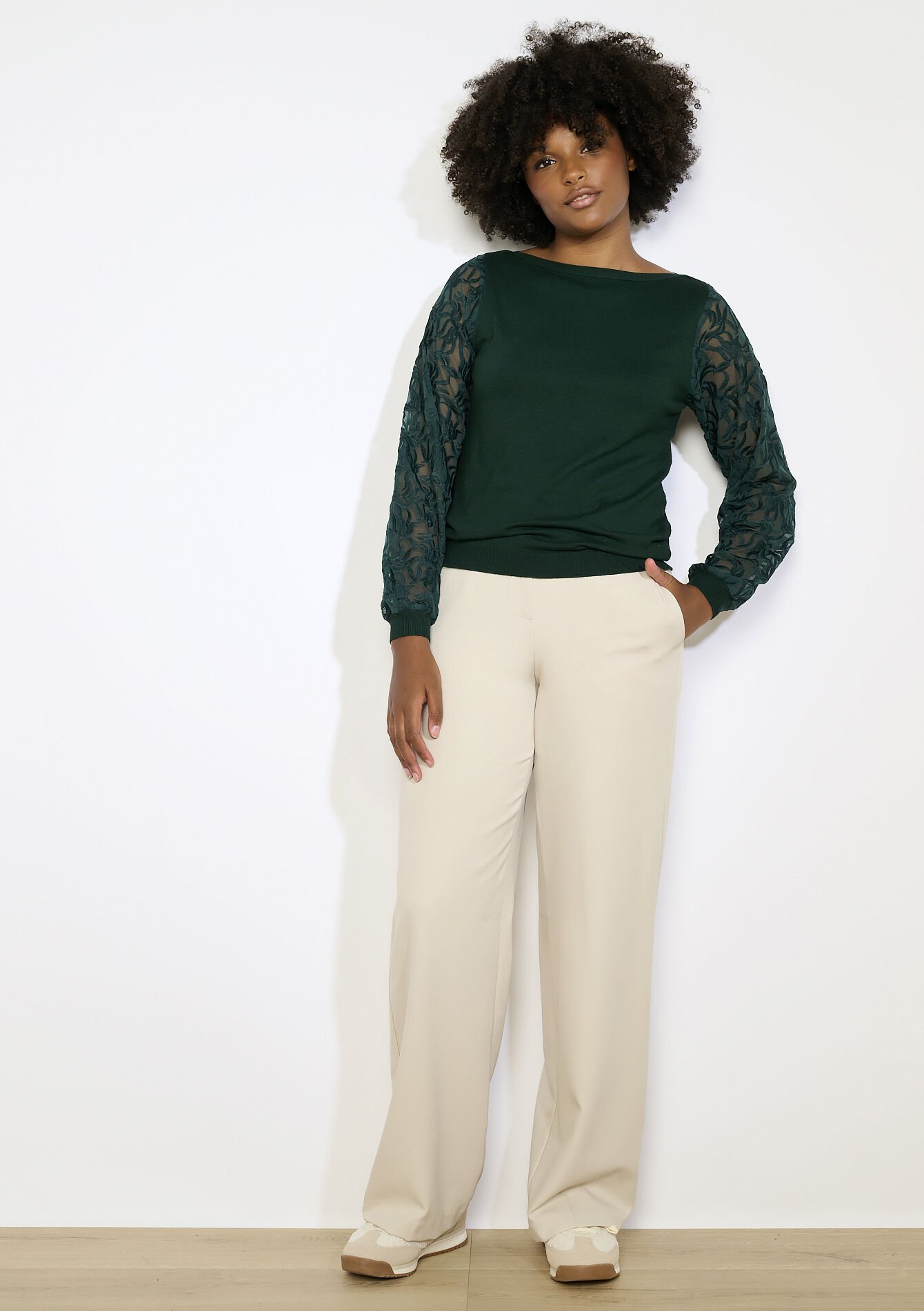 Trui met transparante mouwen, Trui met transparante mouwen - BOTTLE GREEN - 04006917_1778